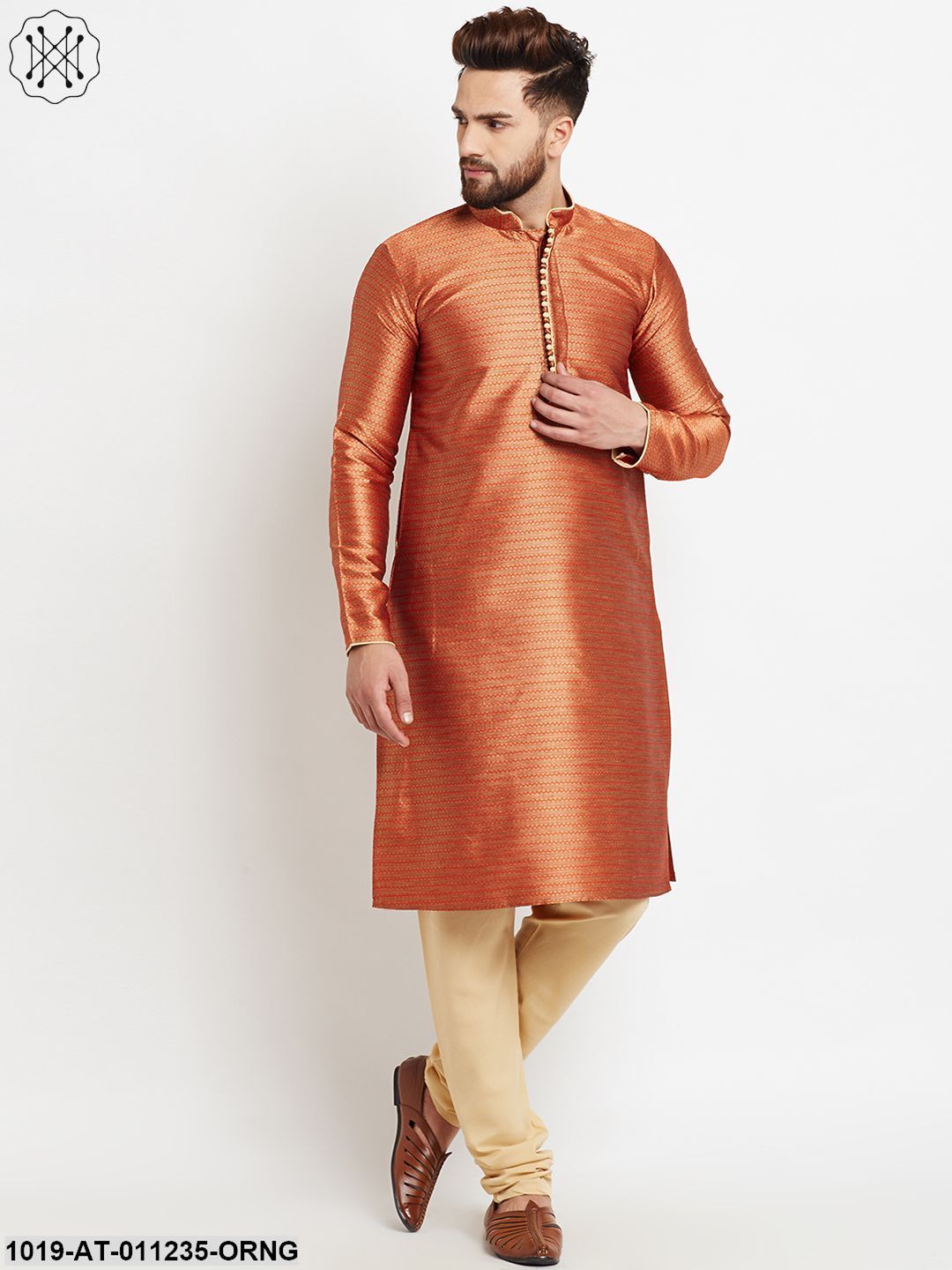 Men's Jacquard Silk Rust Orange Long Kurta