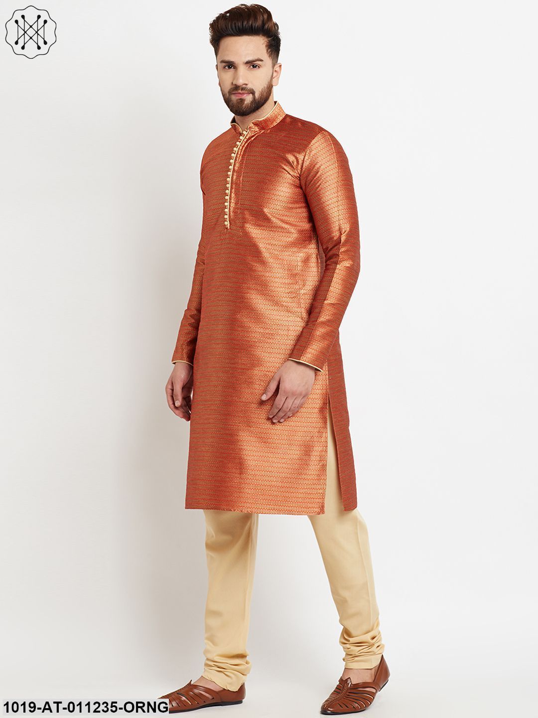Men's Jacquard Silk Rust Orange Long Kurta
