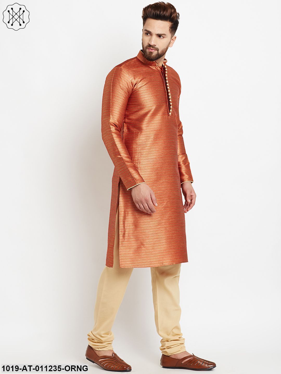 Men's Jacquard Silk Rust Orange Long Kurta