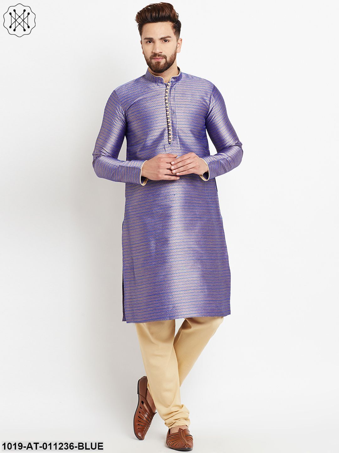 Men's Jacquard Silk Royal Blue Long Kurta