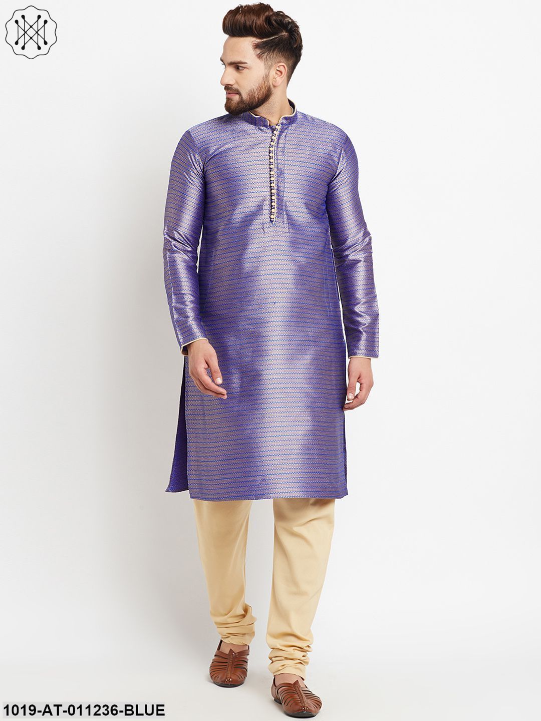 Men's Jacquard Silk Royal Blue Long Kurta