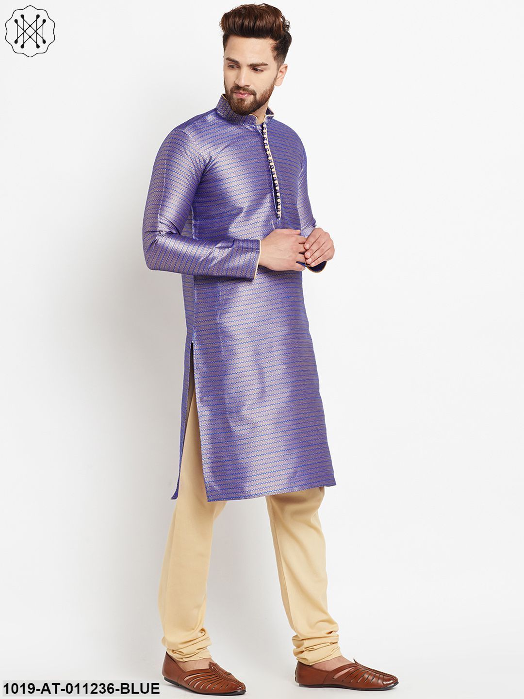 Men's Jacquard Silk Royal Blue Long Kurta