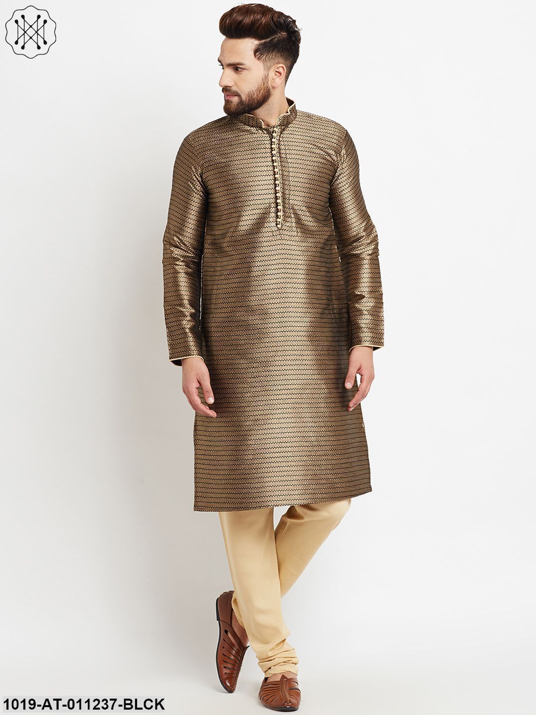 Men's Jacquard Silk Black Long Kurta
