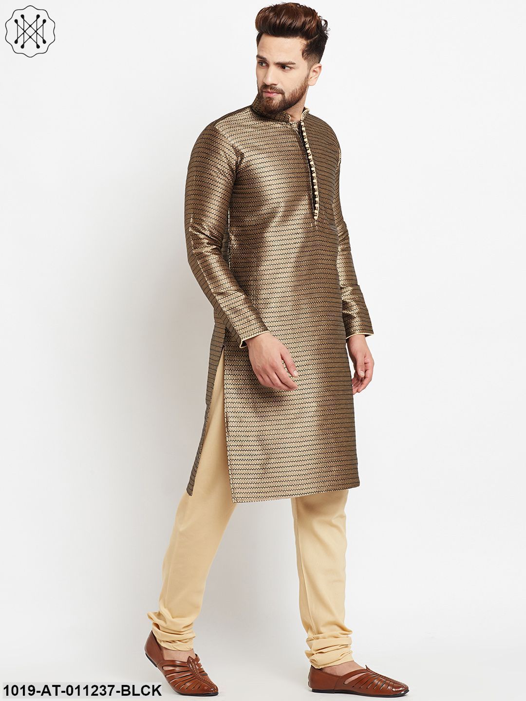 Men's Jacquard Silk Black Long Kurta