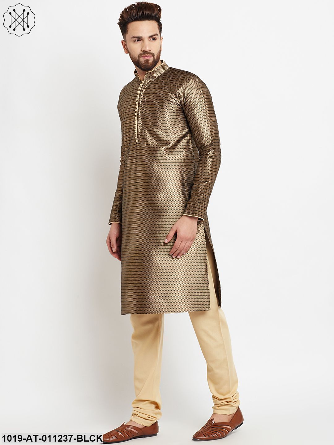 Men's Jacquard Silk Black Long Kurta