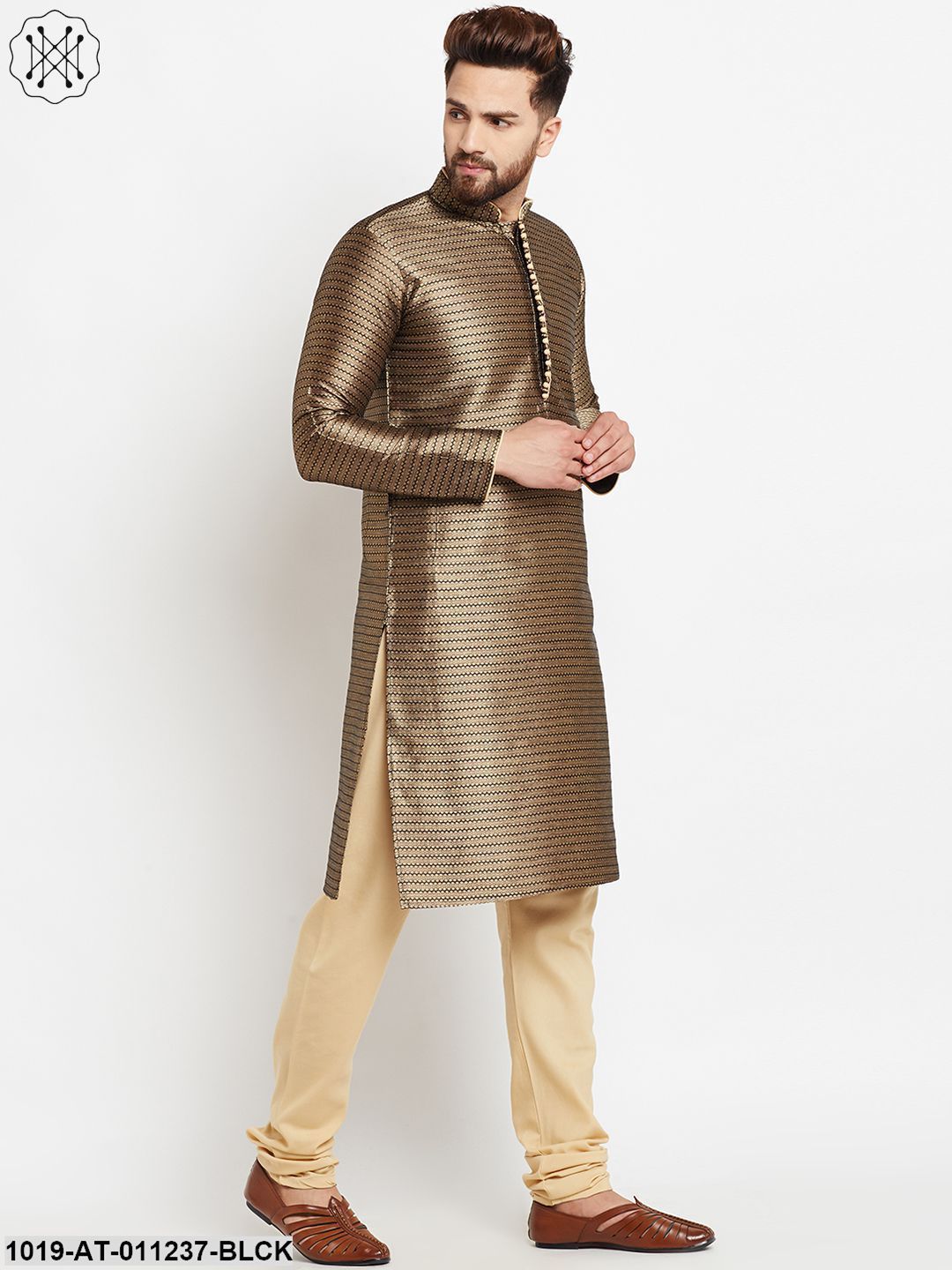 Men's Jacquard Silk Black Long Kurta