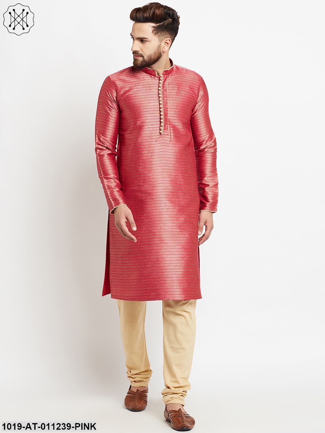 Men's Jacquard Silk Pink Long Kurta