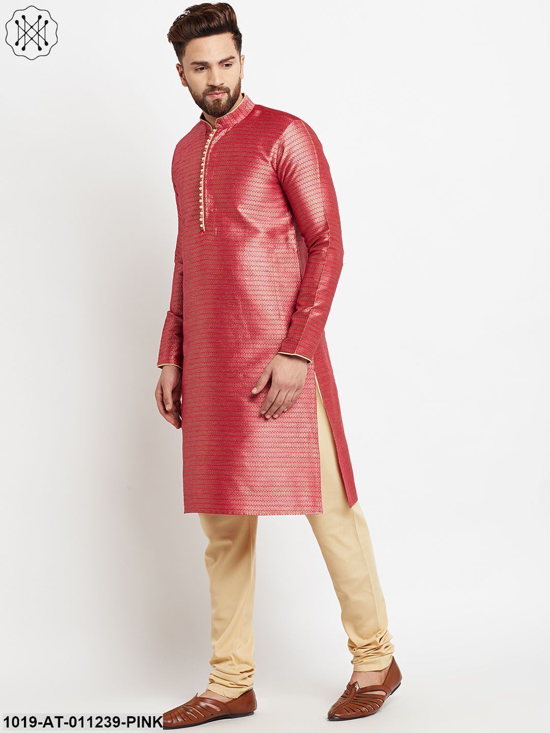 Men's Jacquard Silk Pink Long Kurta