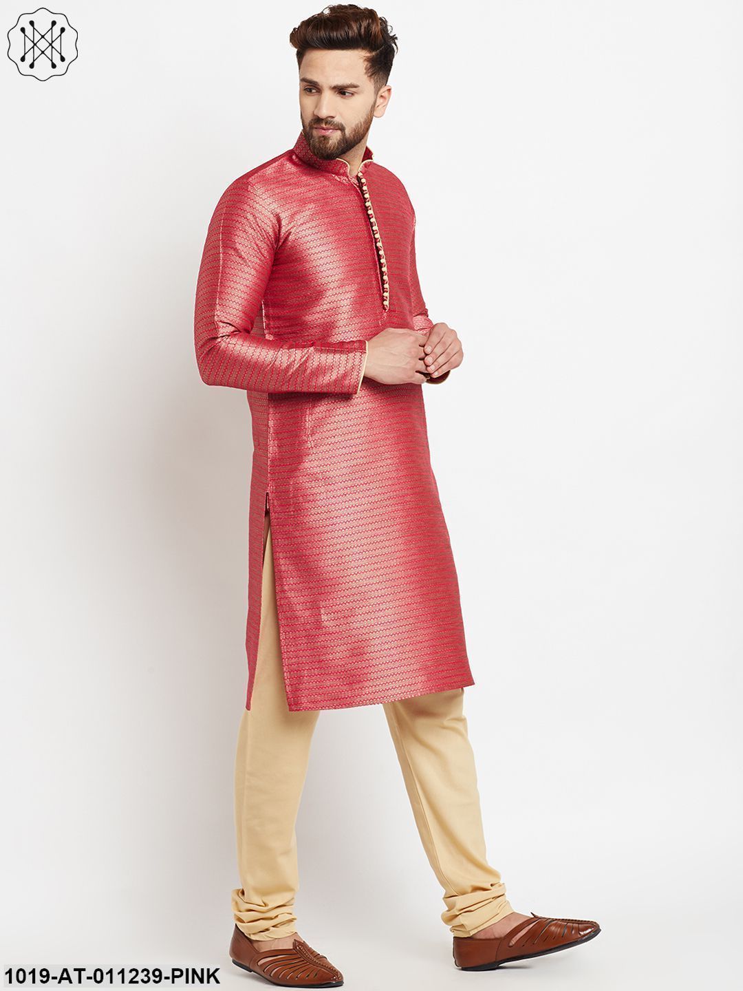 Men's Jacquard Silk Pink Long Kurta