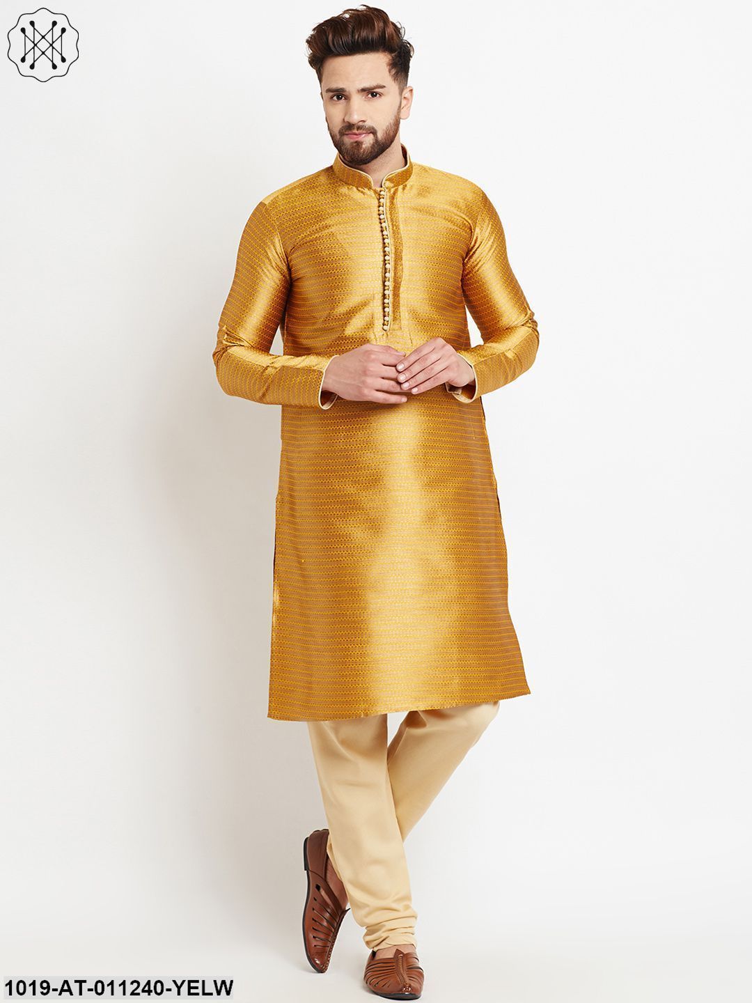 Men's Jacquard Silk Gold Yellow Long Kurta