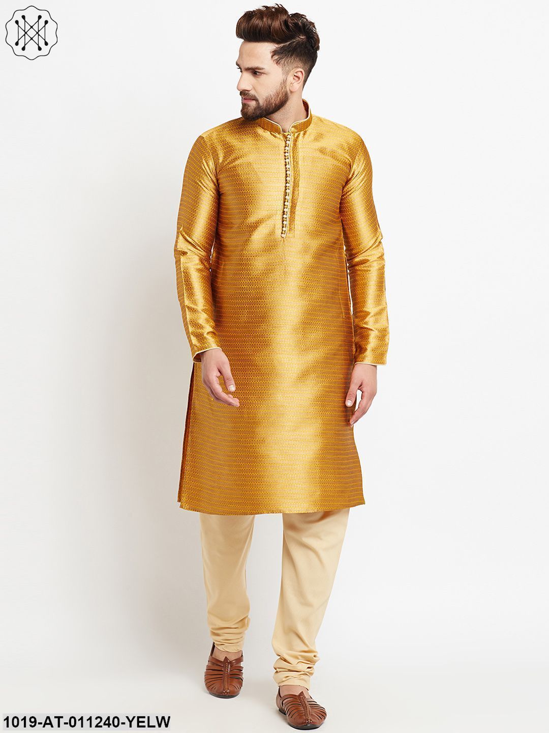 Men's Jacquard Silk Gold Yellow Long Kurta