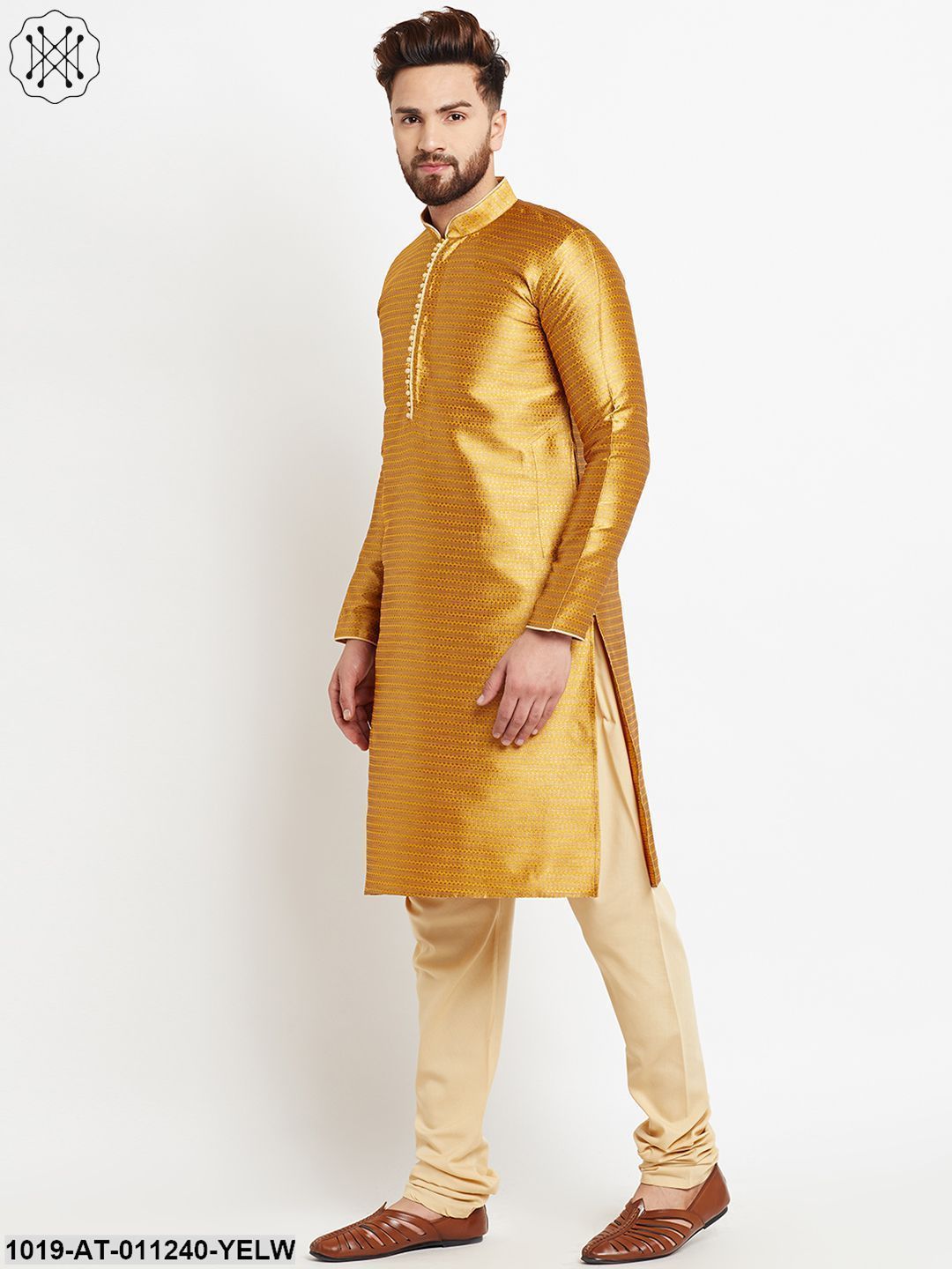 Men's Jacquard Silk Gold Yellow Long Kurta