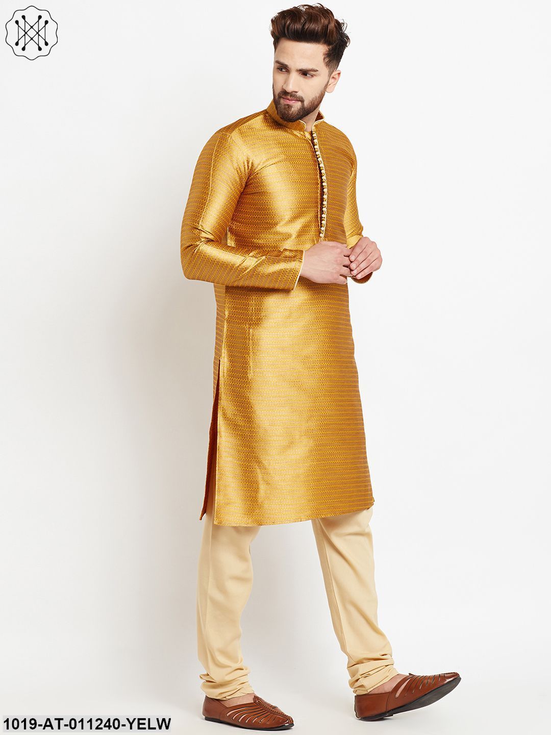 Men's Jacquard Silk Gold Yellow Long Kurta