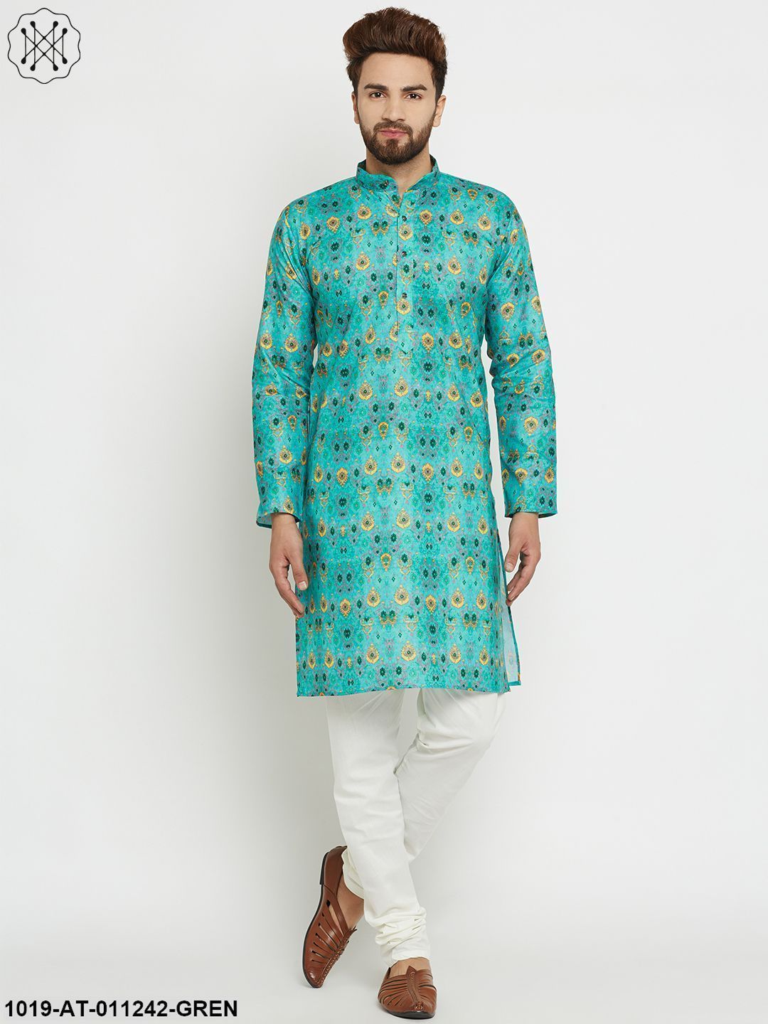 Men's Printed Green Long Kurta