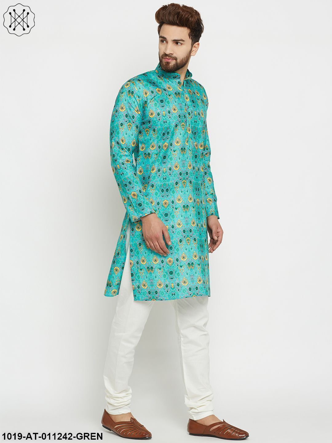 Men's Printed Green Long Kurta