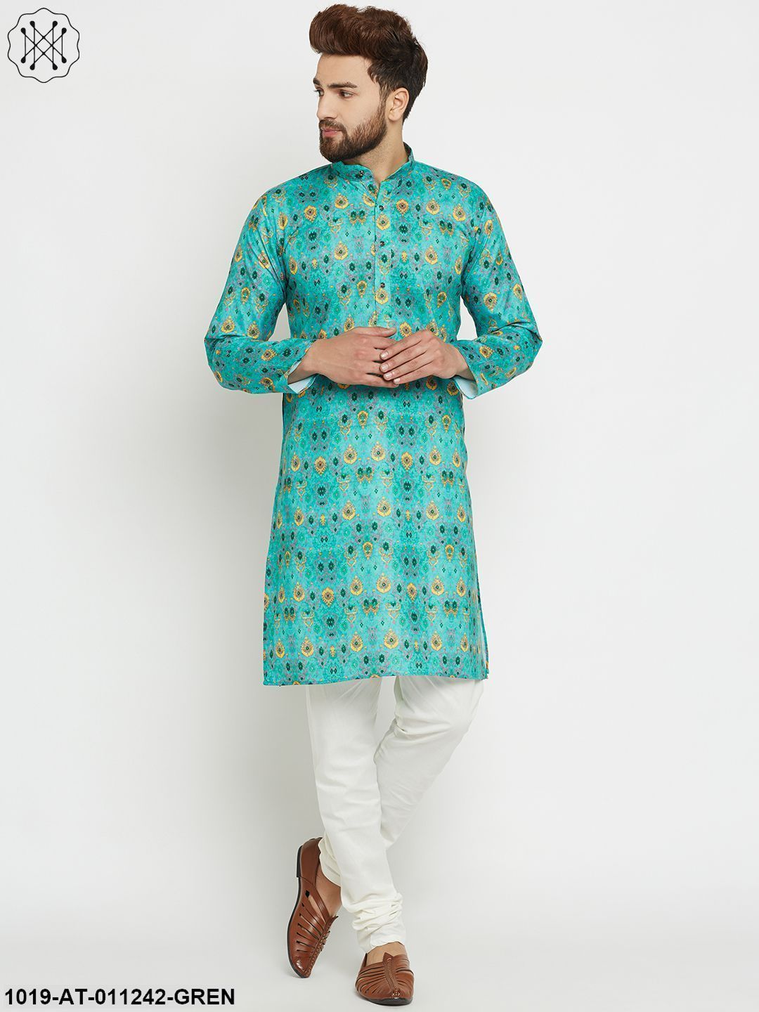 Men's Printed Green Long Kurta