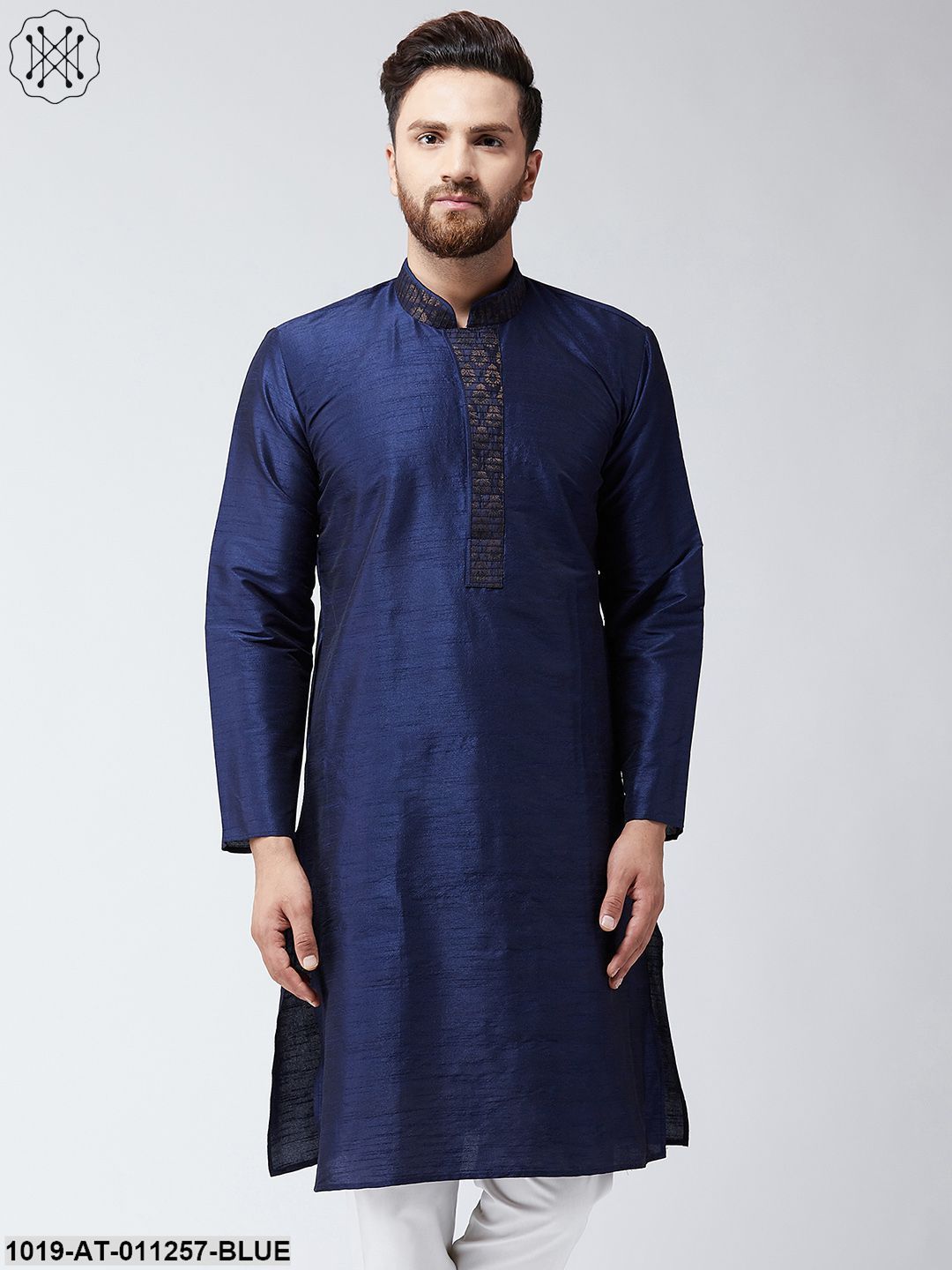 Men's Navy Blue Dupion Silk Only Long Kurta