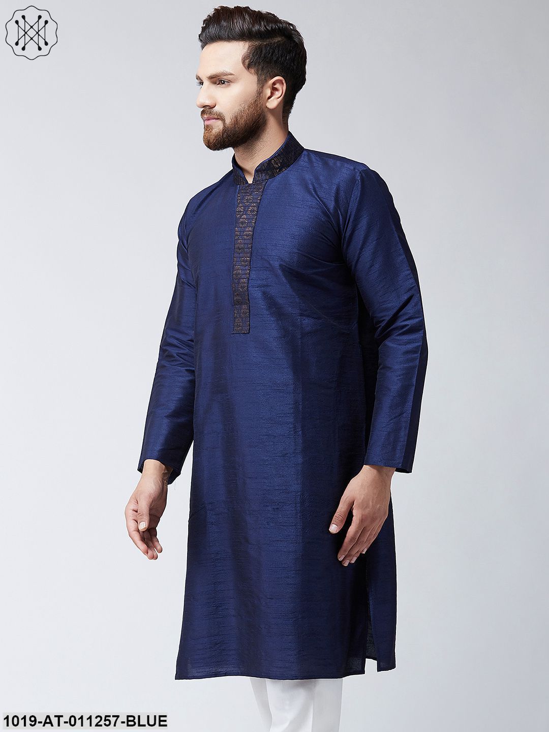 Men's Navy Blue Dupion Silk Only Long Kurta