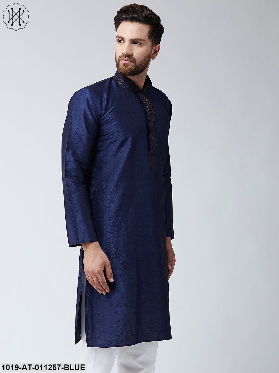 Men's Navy Blue Dupion Silk Only Long Kurta