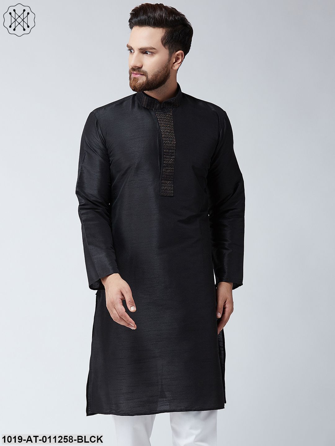 Men's Black Dupion Silk Only Long Kurta