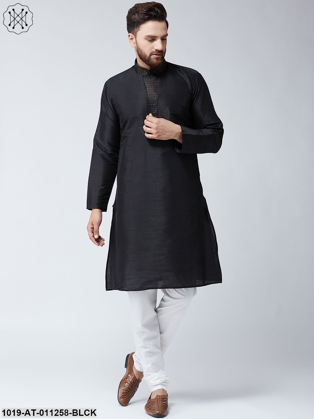 Men's Black Dupion Silk Only Long Kurta