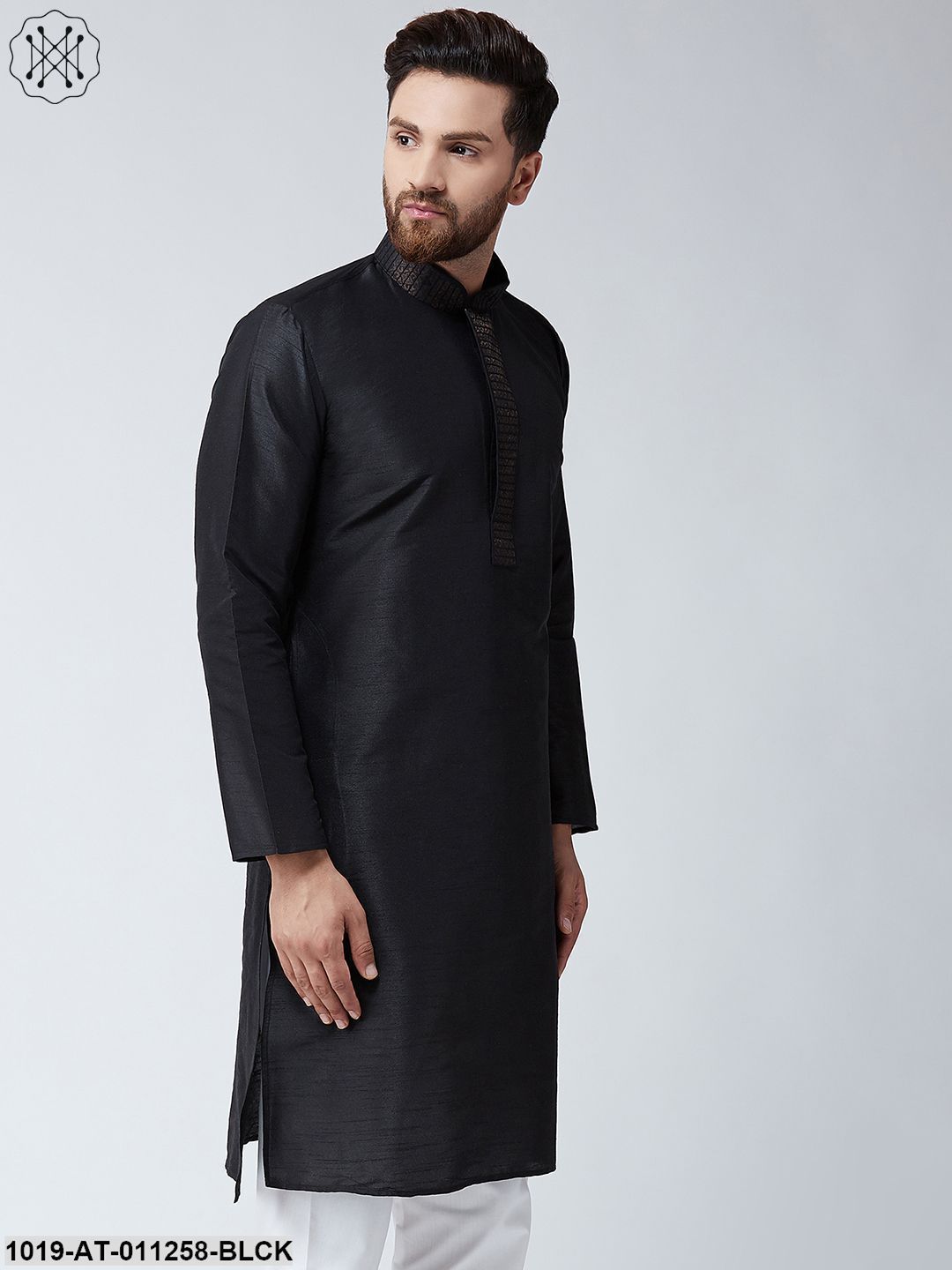 Men's Black Dupion Silk Only Long Kurta