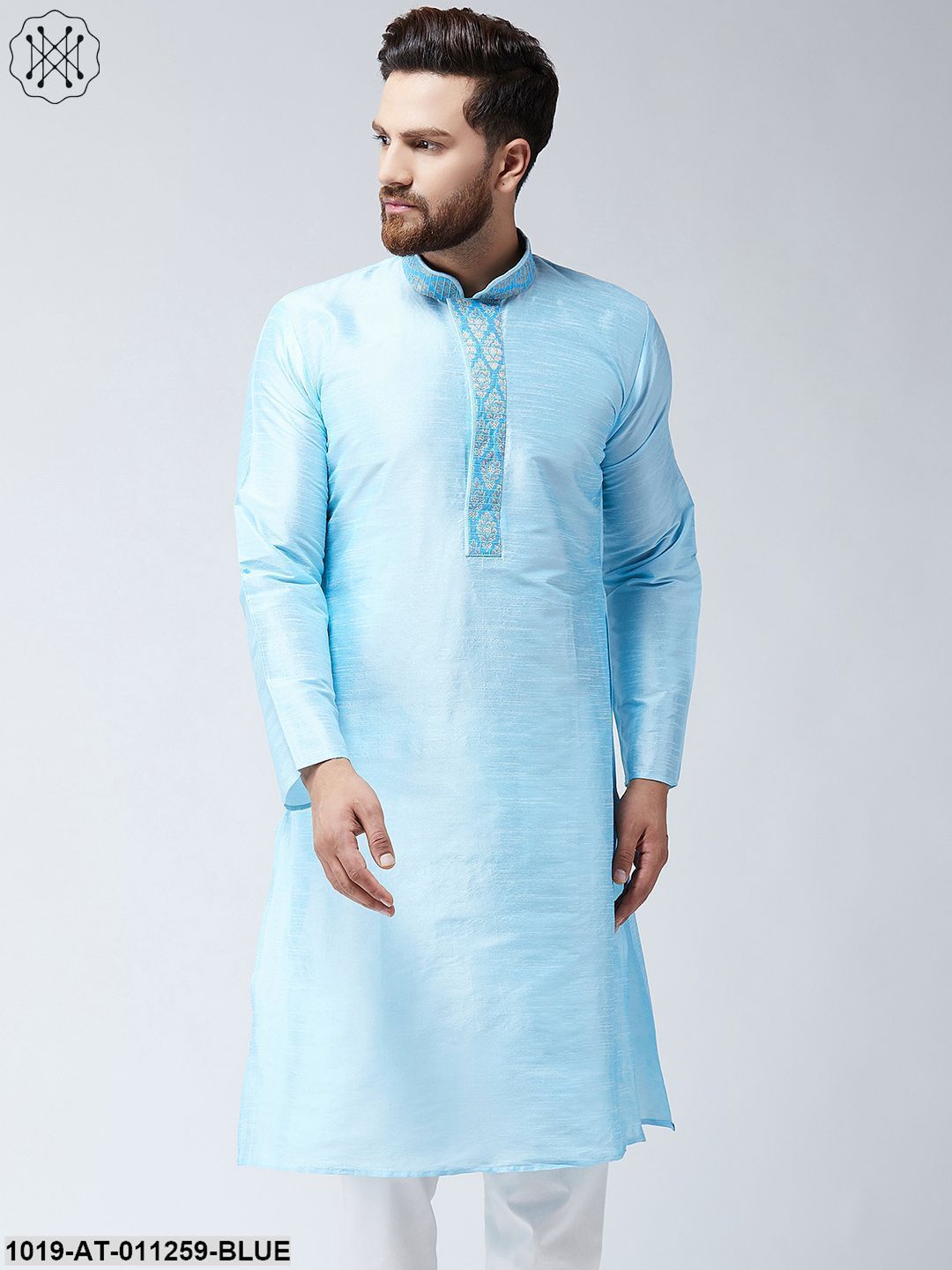 Men's Aqua Blue Dupion Silk Only Long Kurta