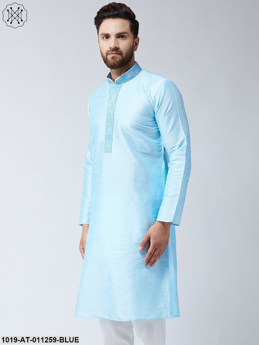 Men's Aqua Blue Dupion Silk Only Long Kurta