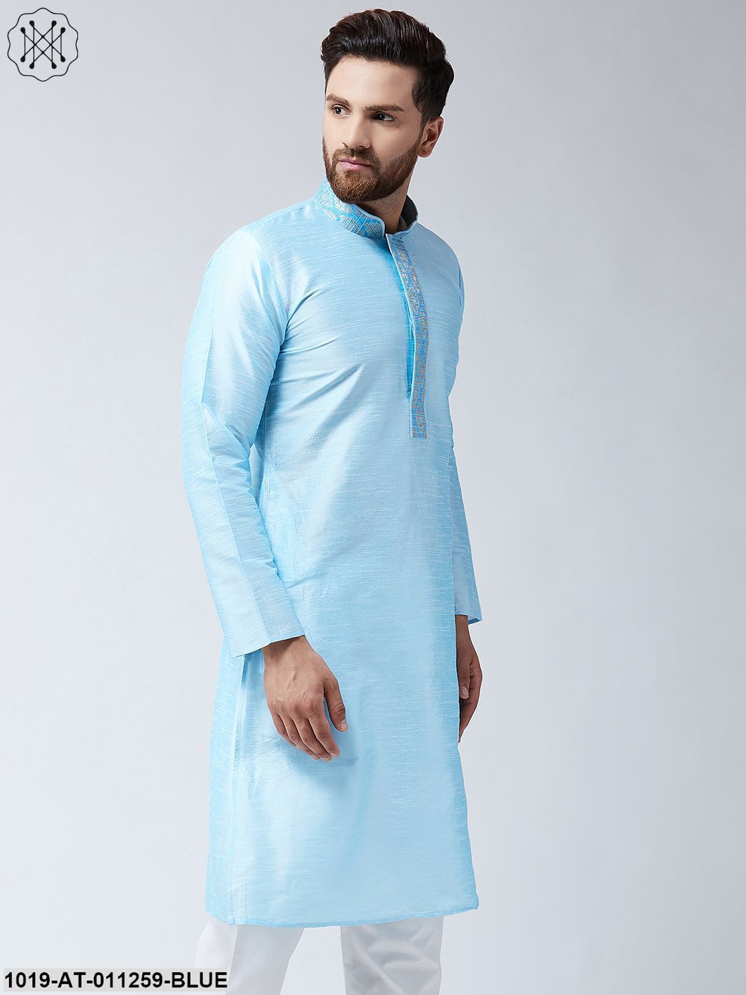 Men's Aqua Blue Dupion Silk Only Long Kurta