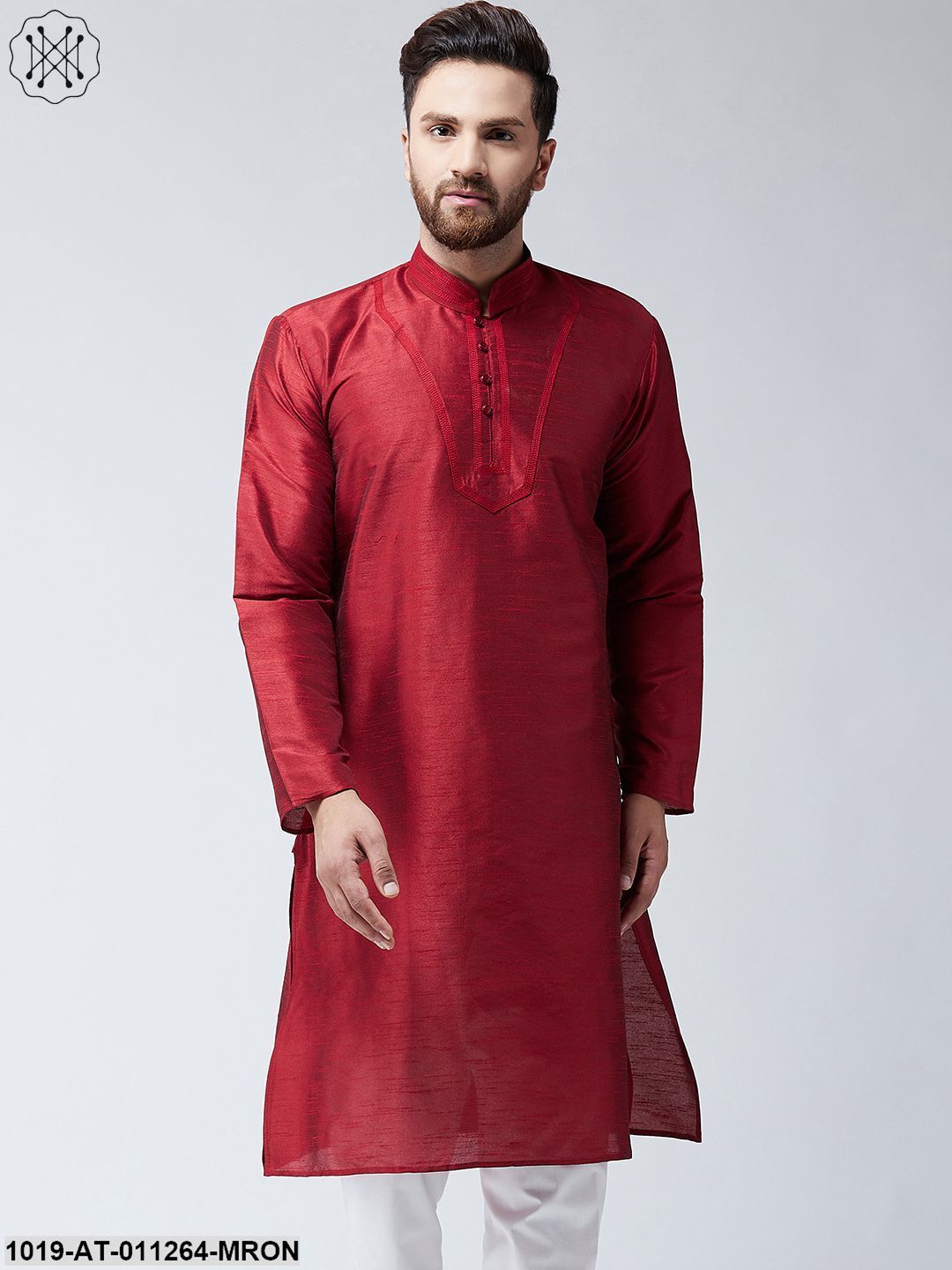 Men's Maroon Dupion Silk Only Long Kurta