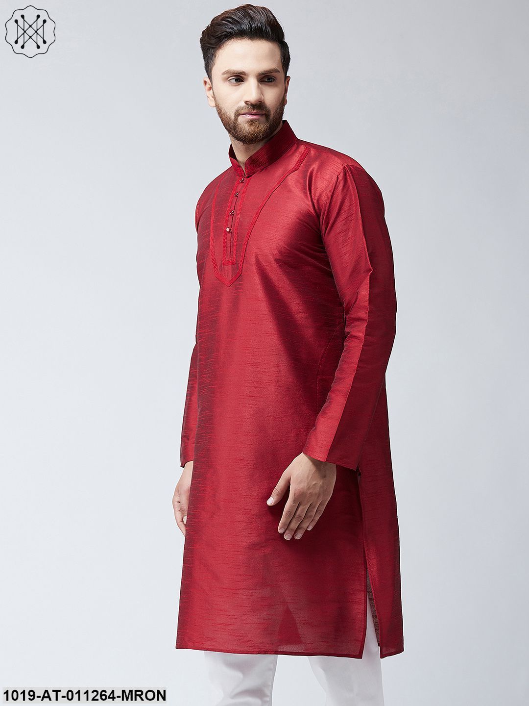 Men's Maroon Dupion Silk Only Long Kurta