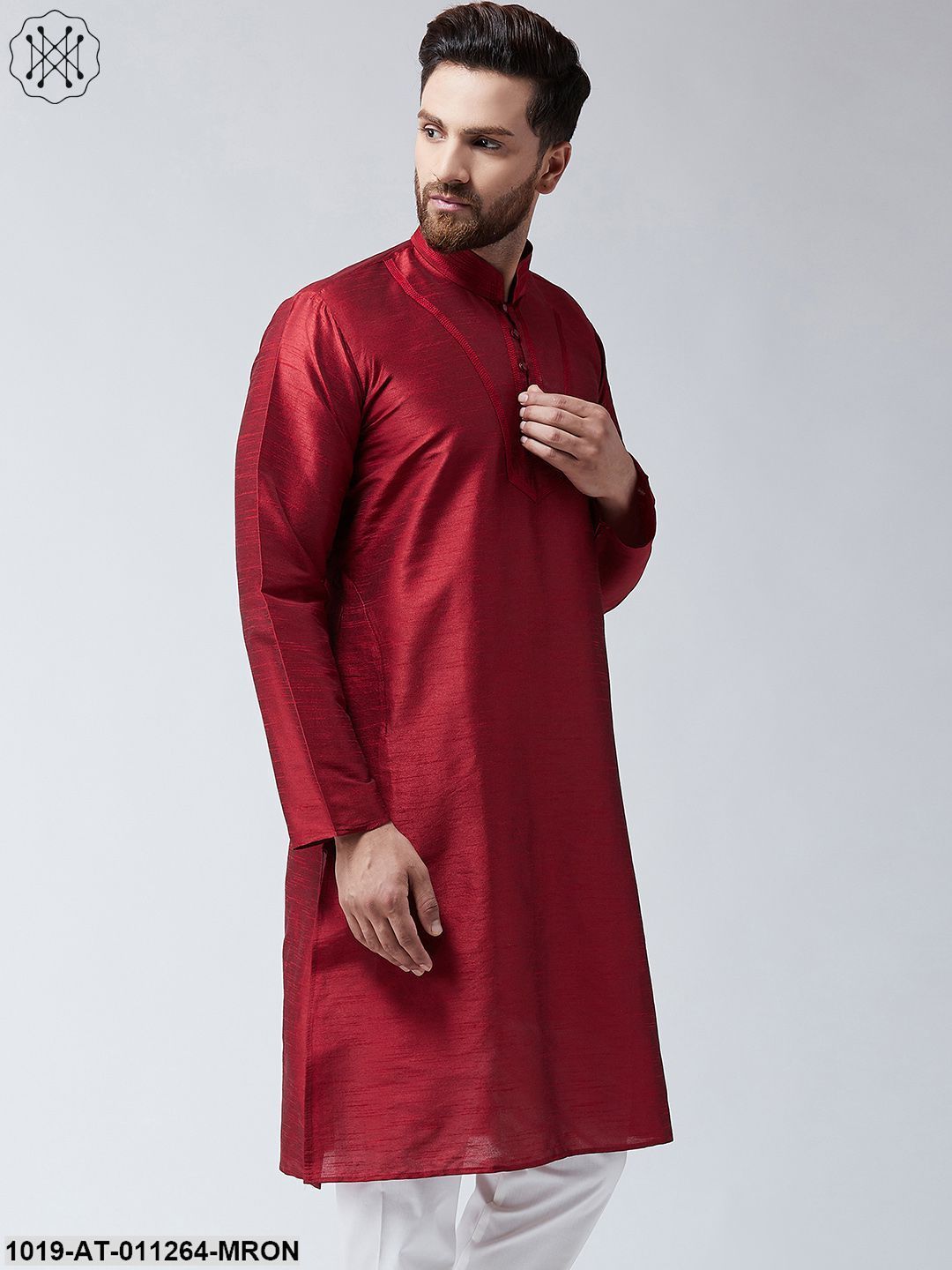Men's Maroon Dupion Silk Only Long Kurta