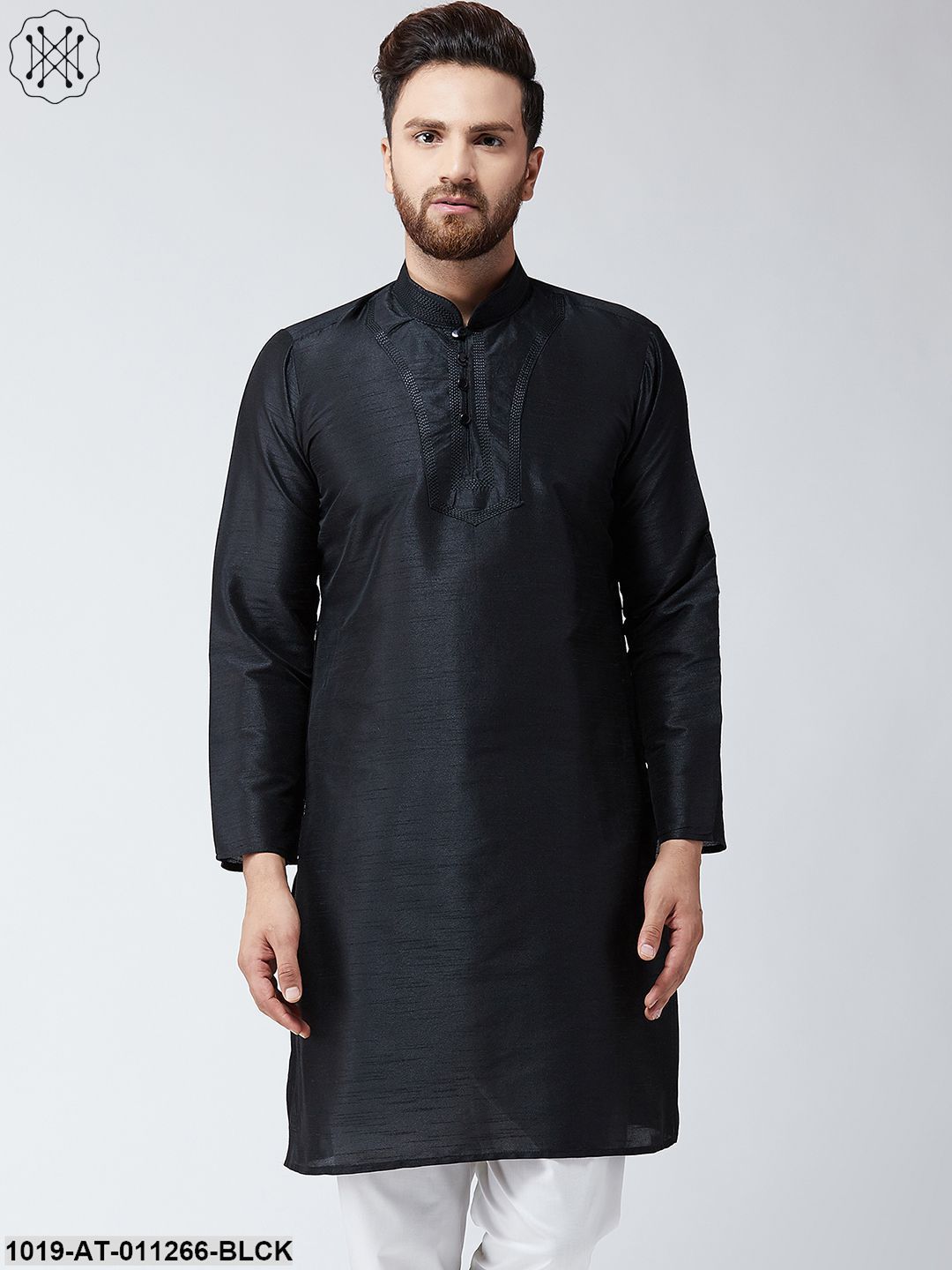 Men's Black Dupion Silk Only Long Kurta