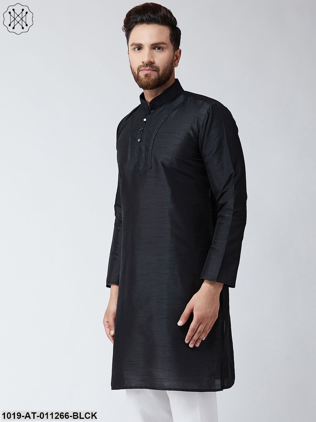Men's Black Dupion Silk Only Long Kurta