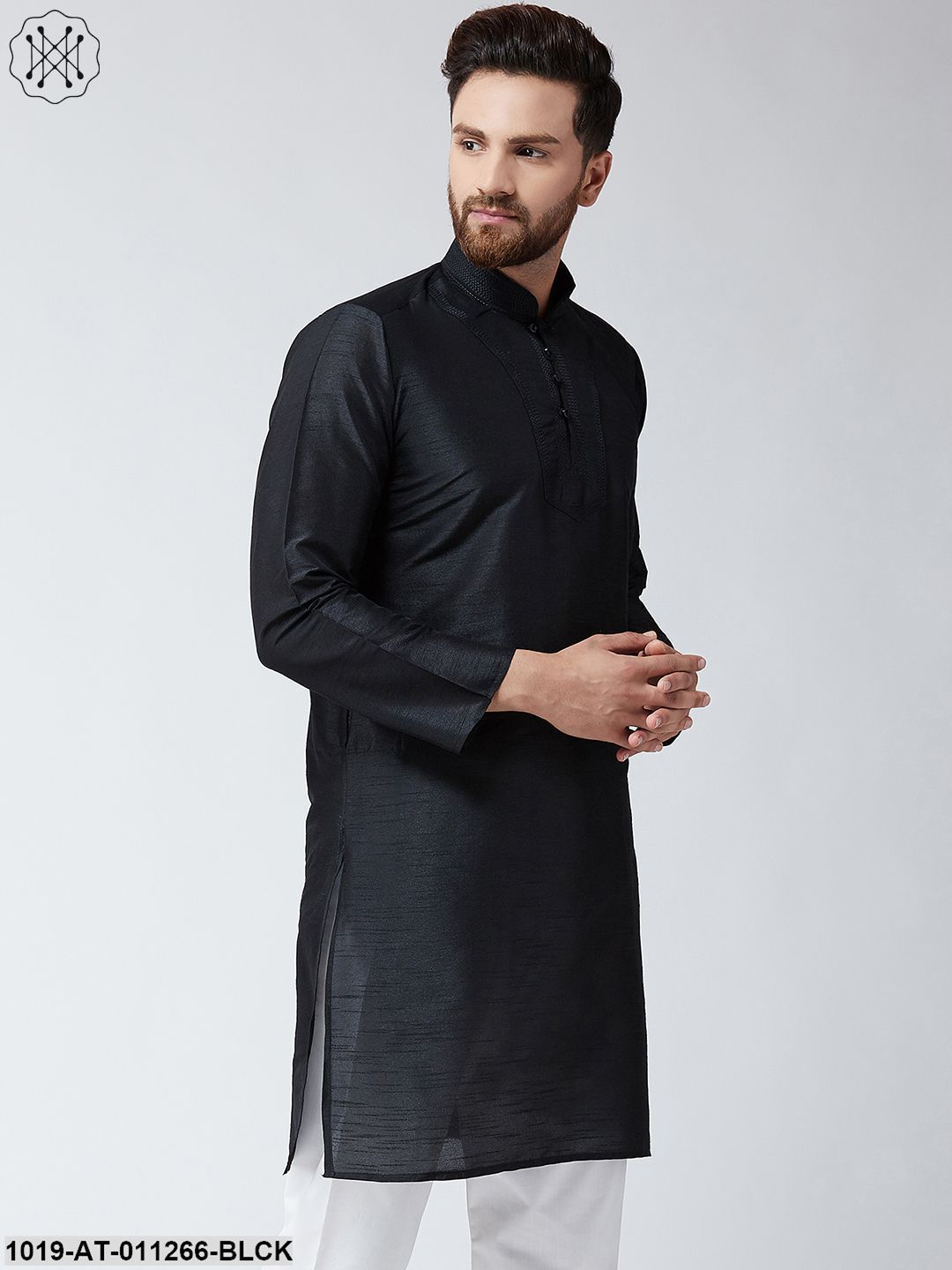 Men's Black Dupion Silk Only Long Kurta