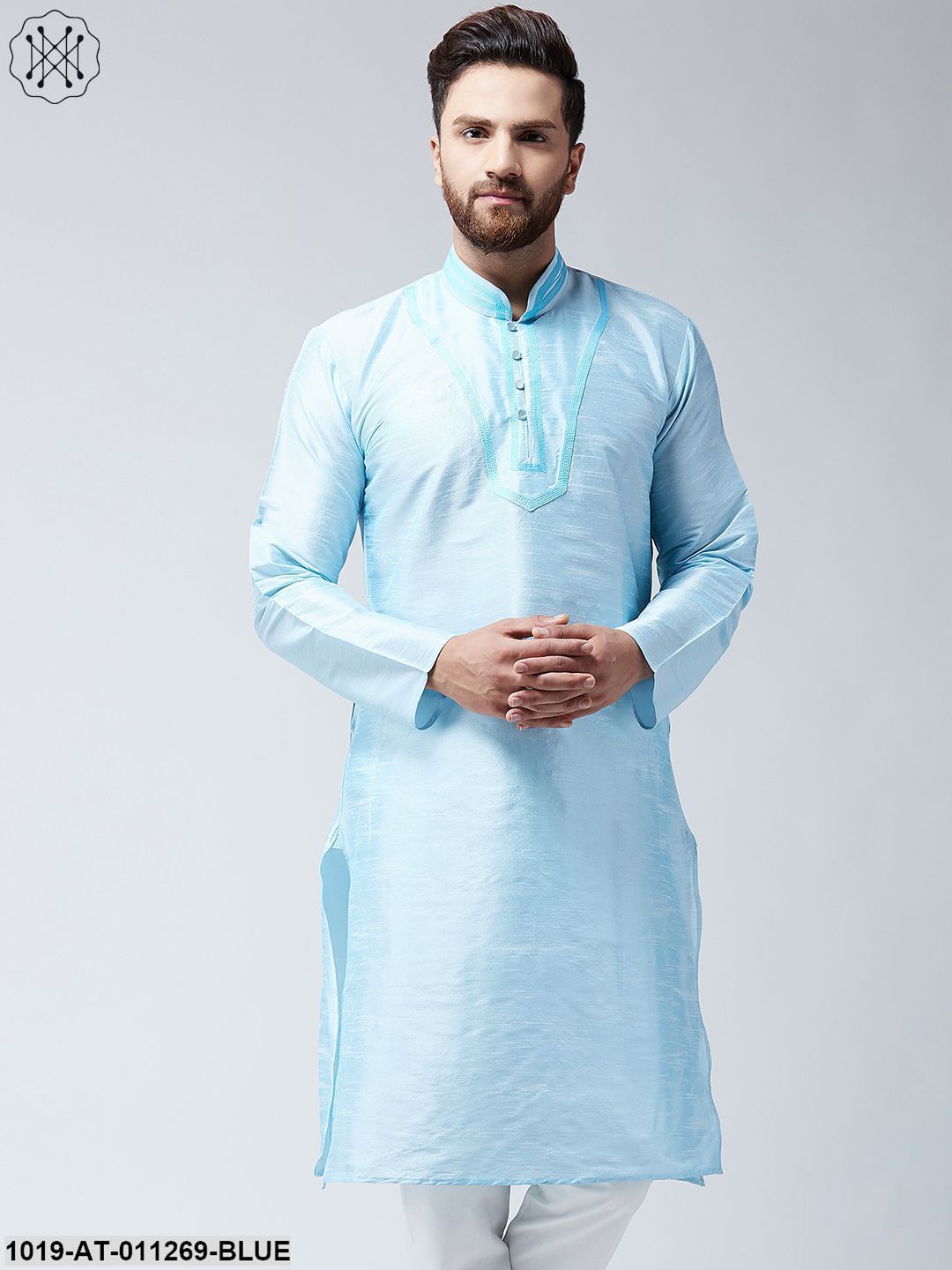Men's Turquoise Blue Dupion Silk Only Long Kurta