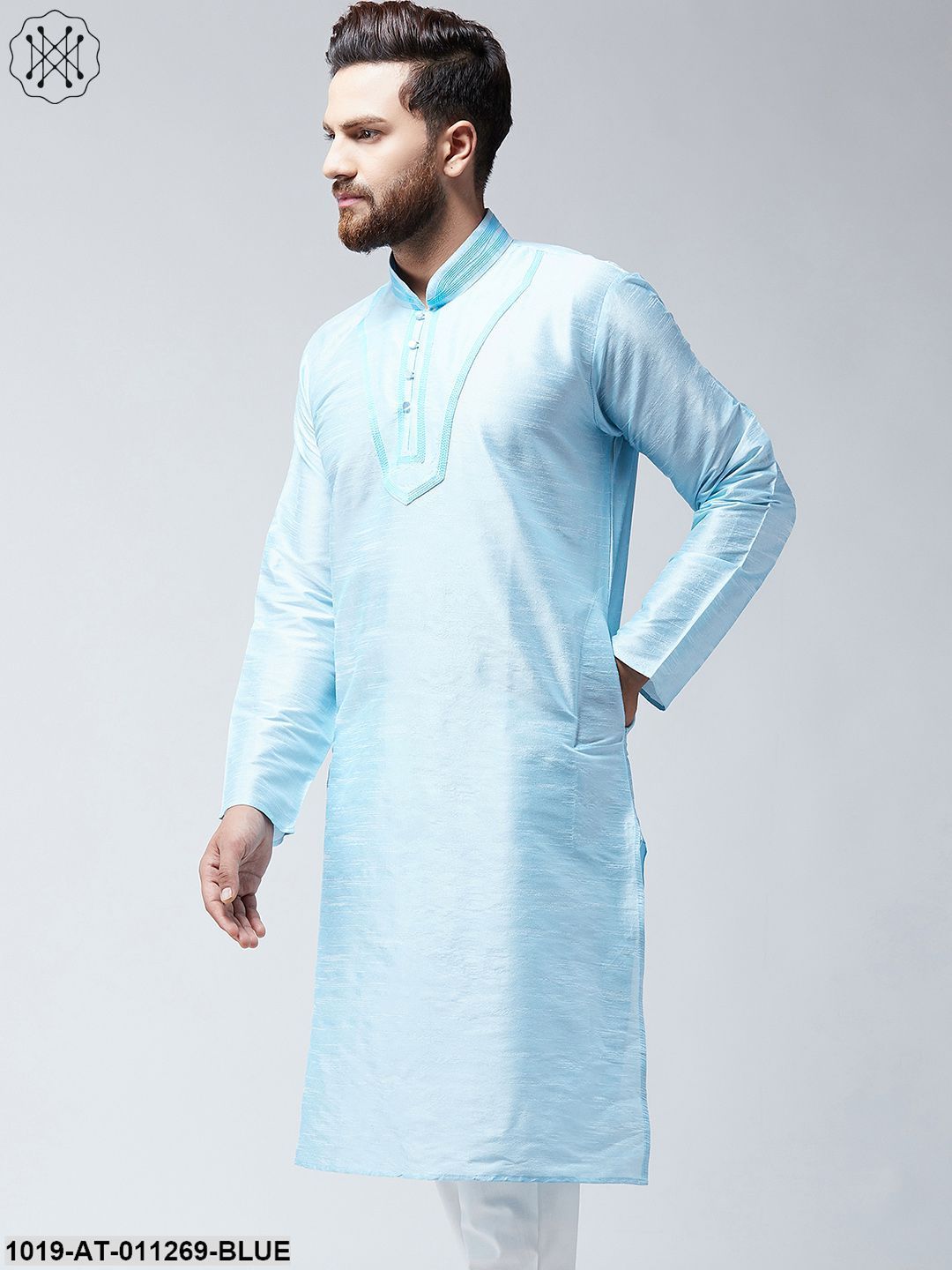 Men's Turquoise Blue Dupion Silk Only Long Kurta