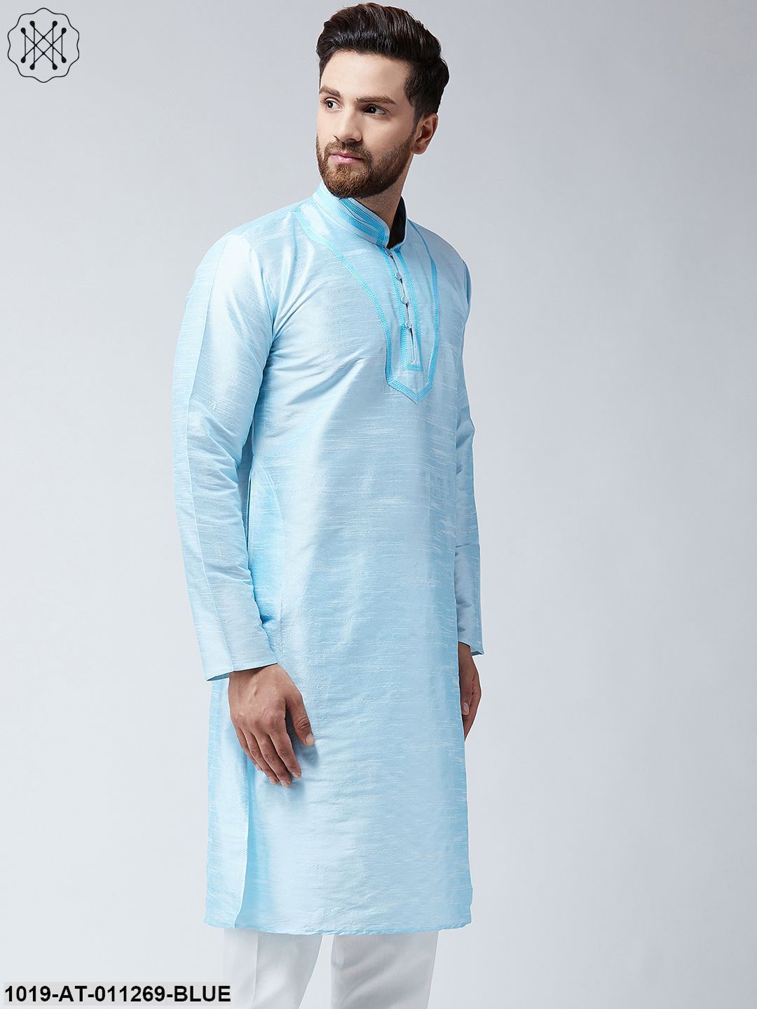 Men's Turquoise Blue Dupion Silk Only Long Kurta