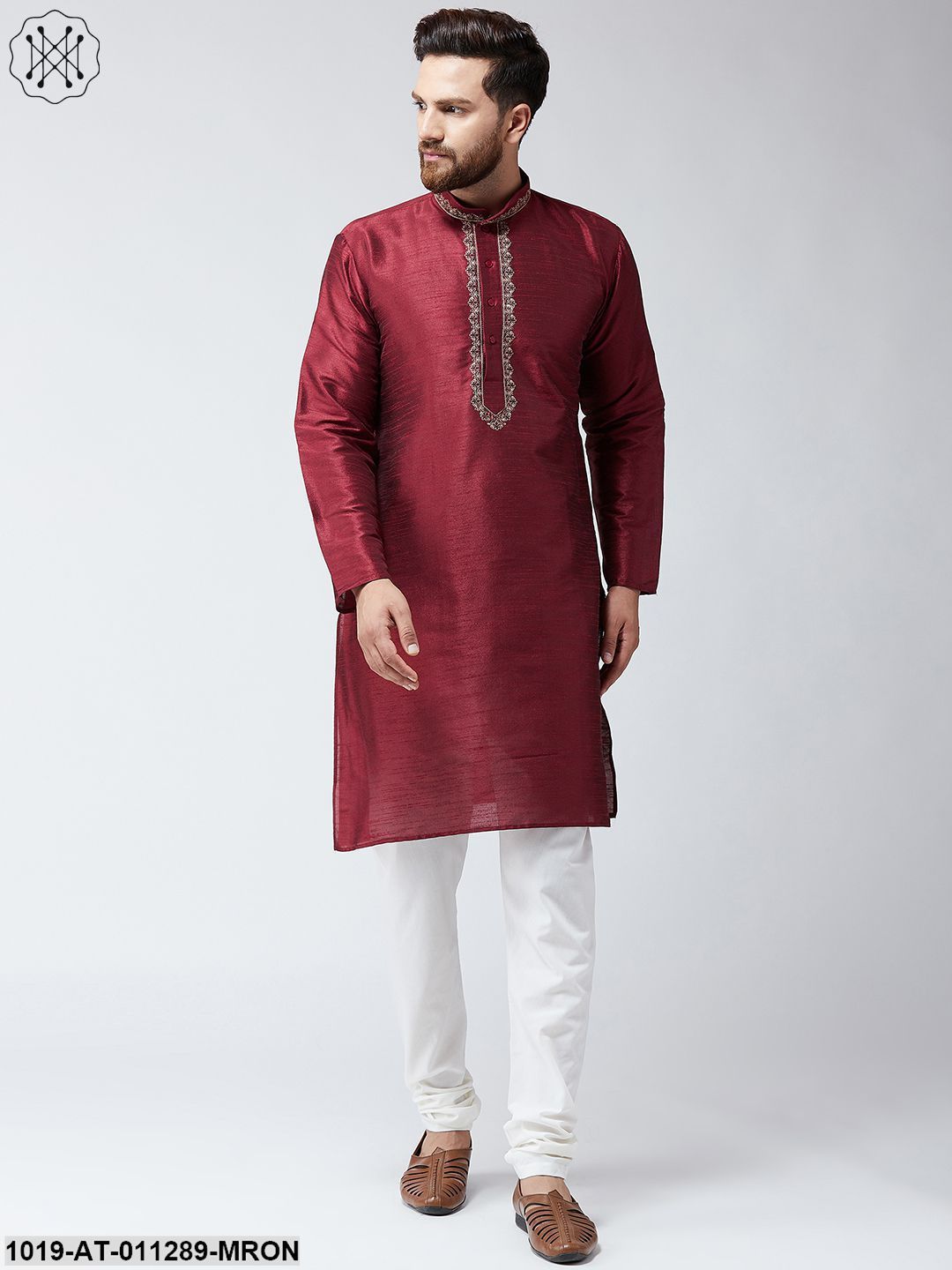 Men's Maroon Dupion Silk Only Long Kurta