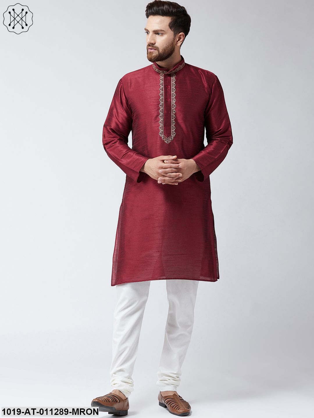 Men's Maroon Dupion Silk Only Long Kurta