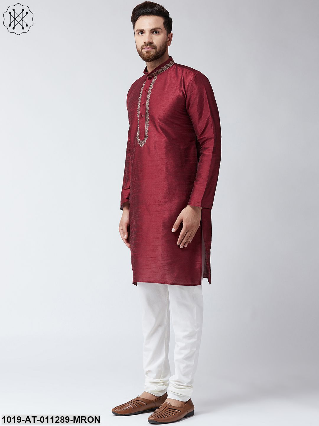Men's Maroon Dupion Silk Only Long Kurta