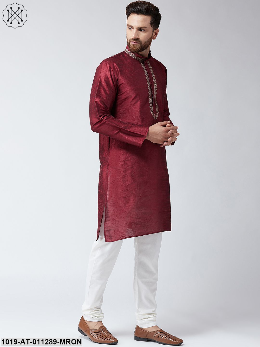 Men's Maroon Dupion Silk Only Long Kurta