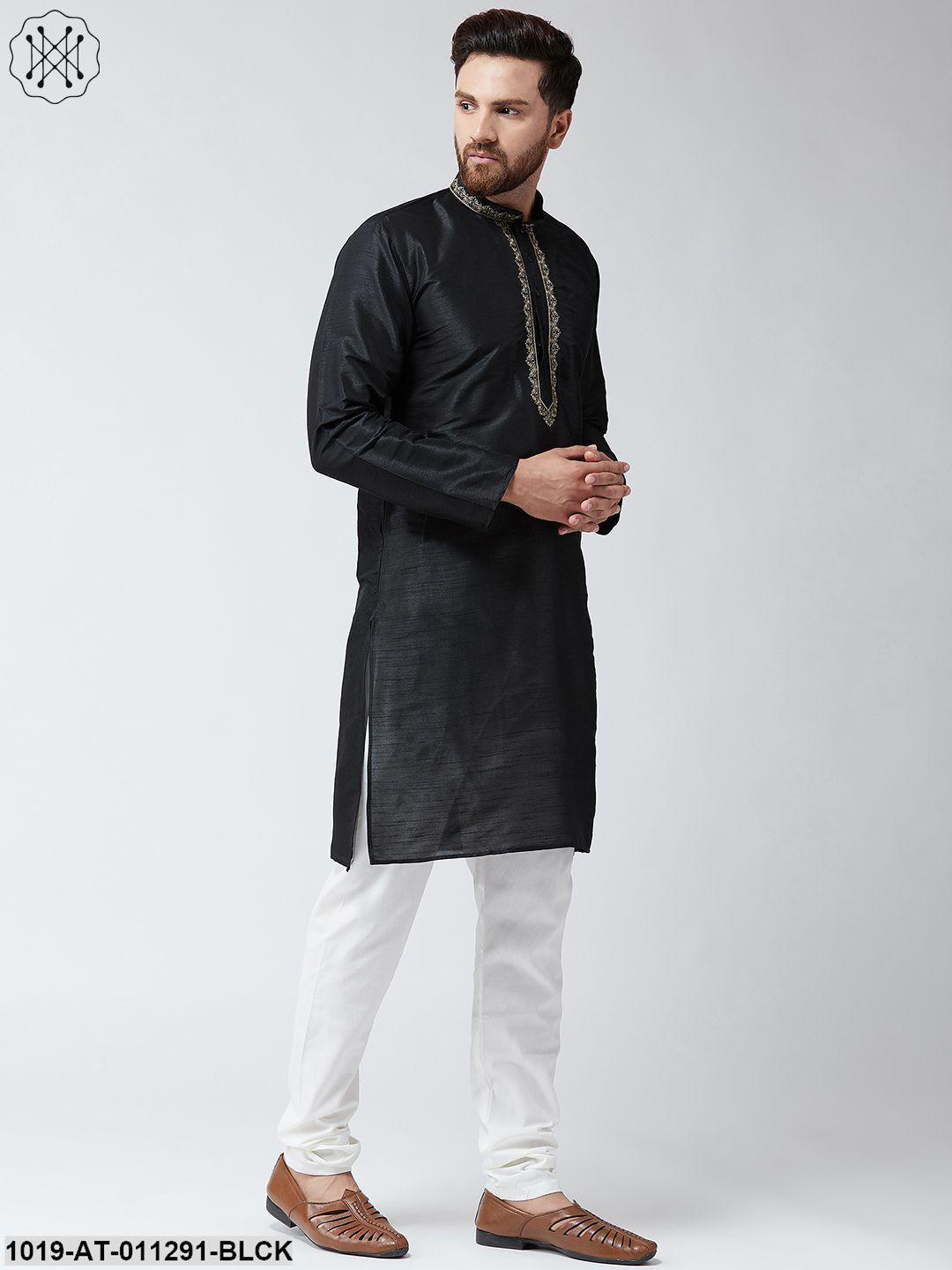 Men's Black Dupion Silk Only Long Kurta