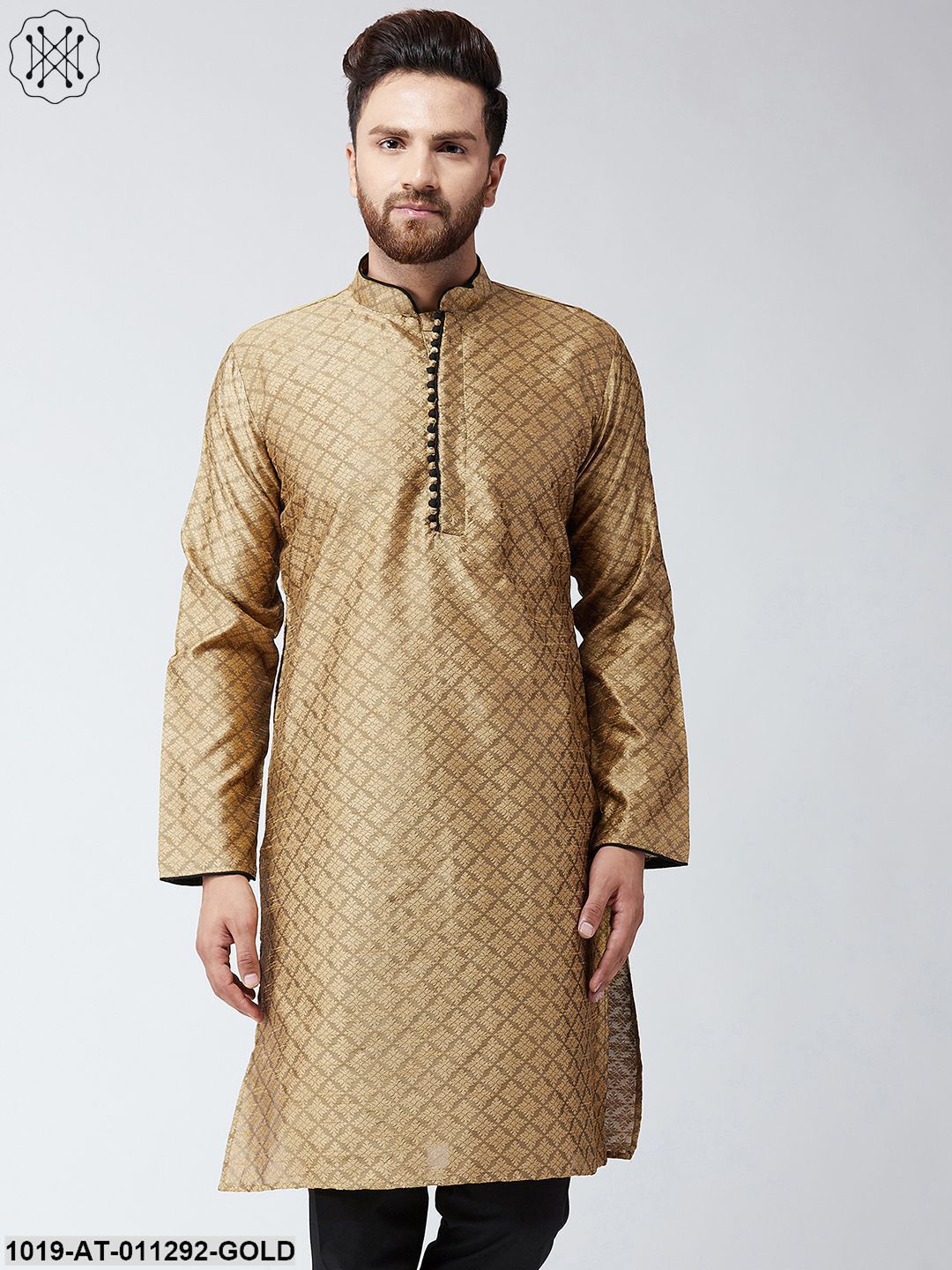 Men's Gold Jacquard Silk Only Long Kurta