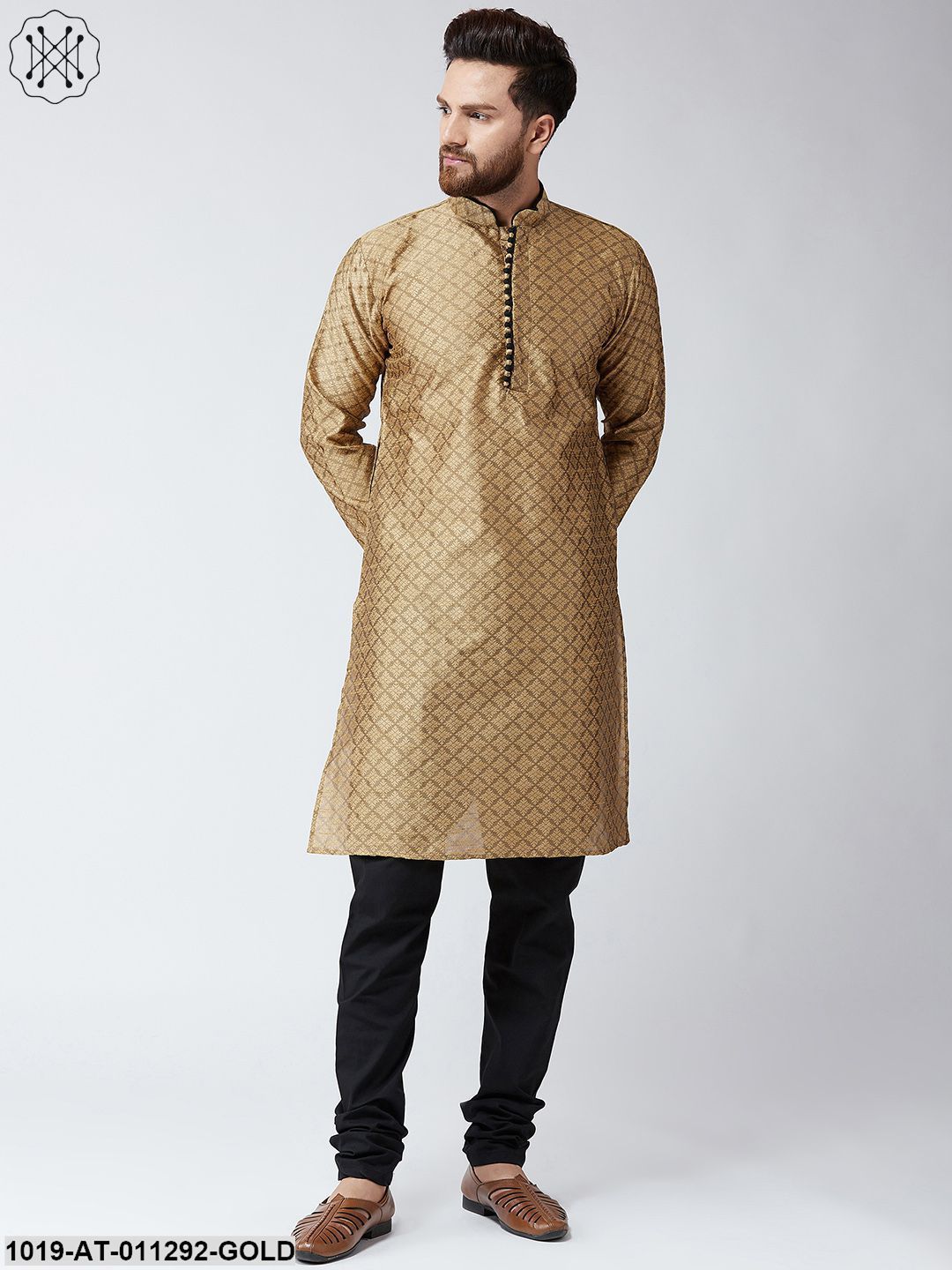 Men's Gold Jacquard Silk Only Long Kurta