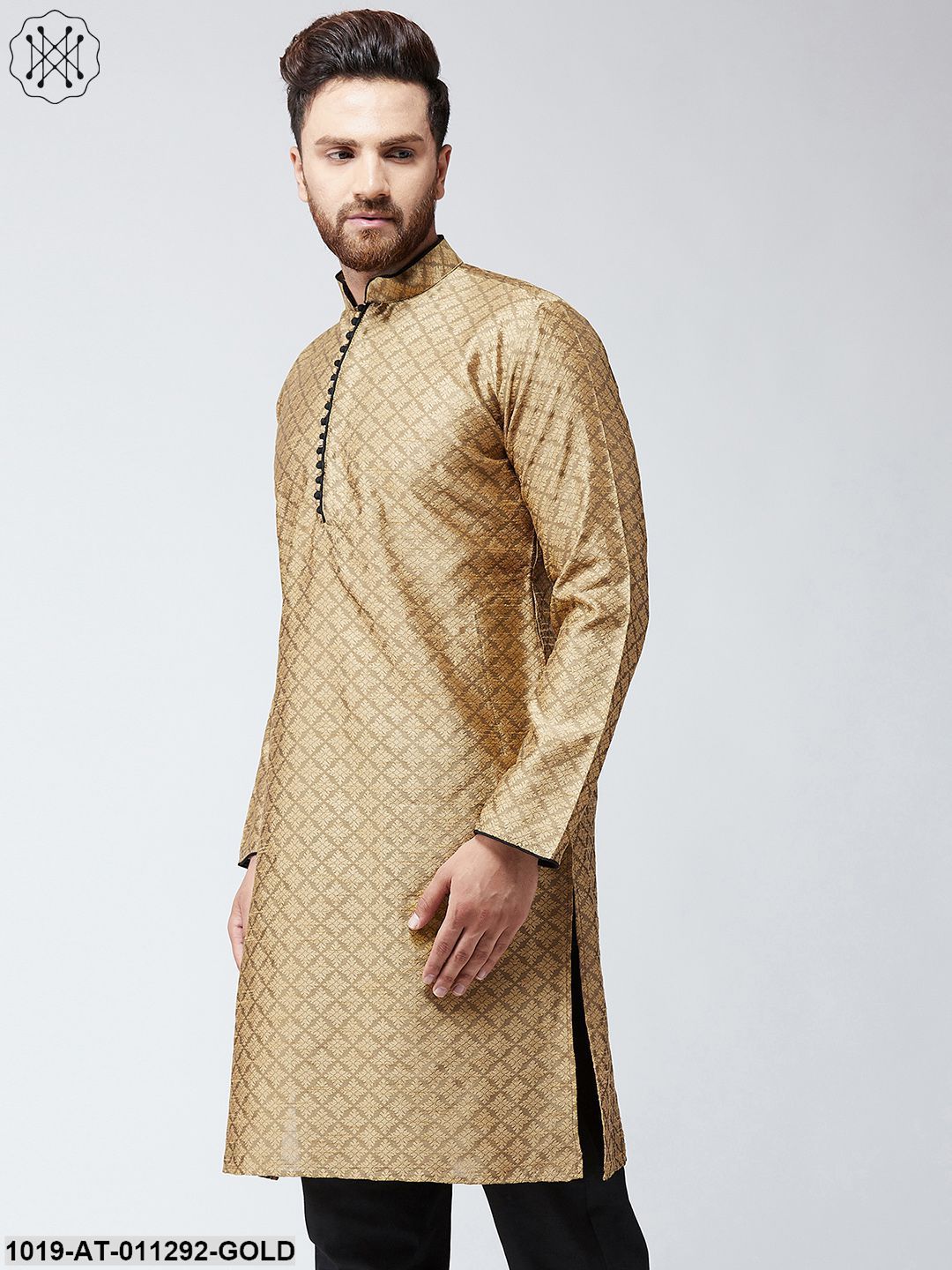 Men's Gold Jacquard Silk Only Long Kurta
