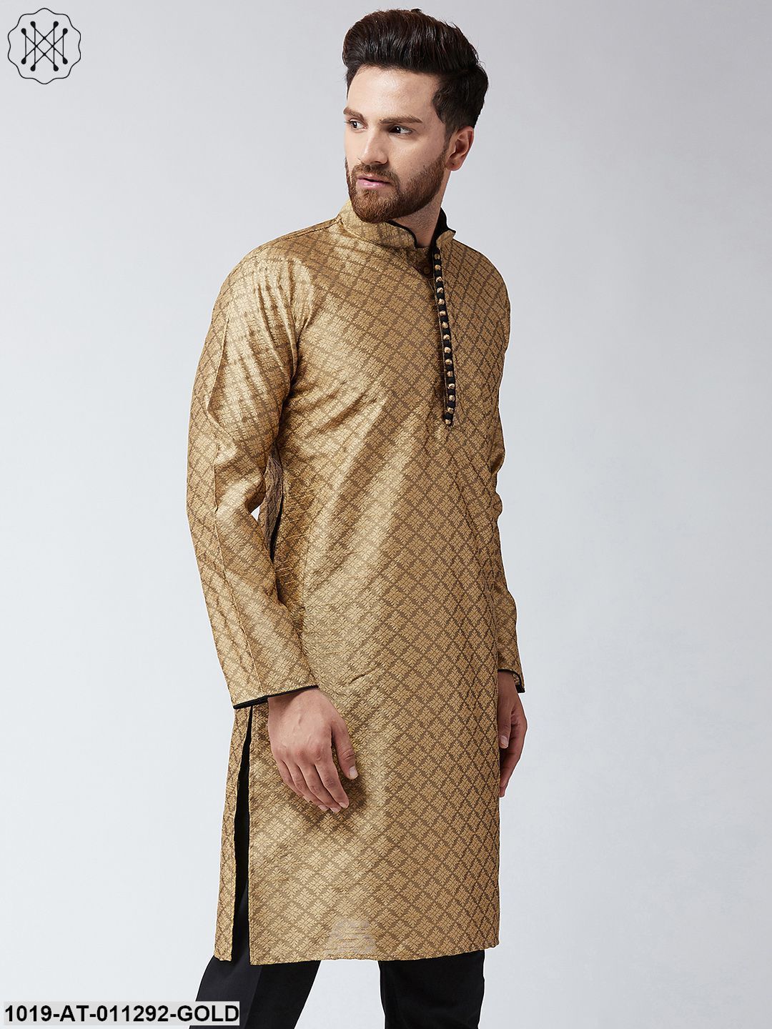 Men's Gold Jacquard Silk Only Long Kurta