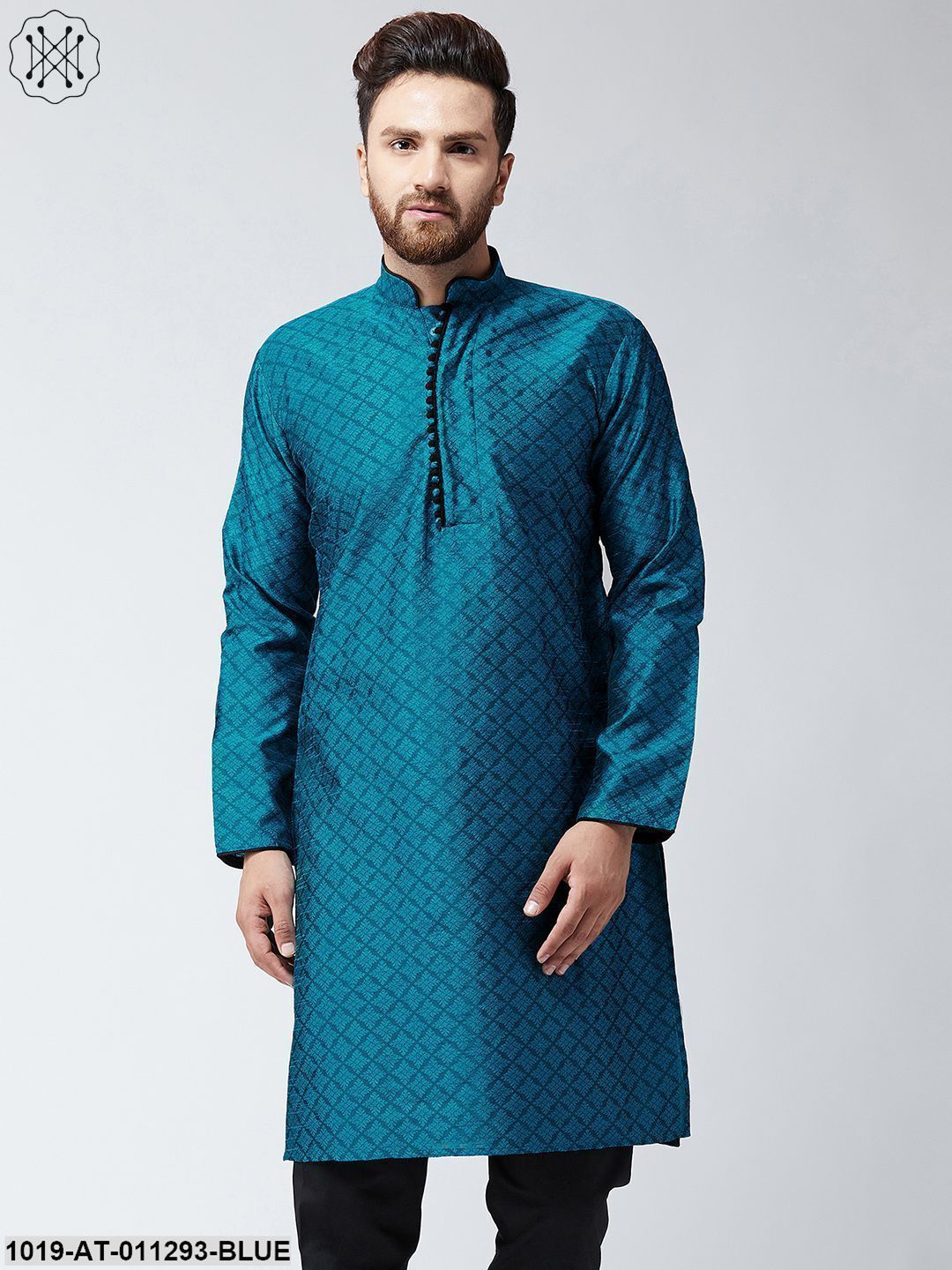 Men's Blue Jacquard Silk Only Long Kurta