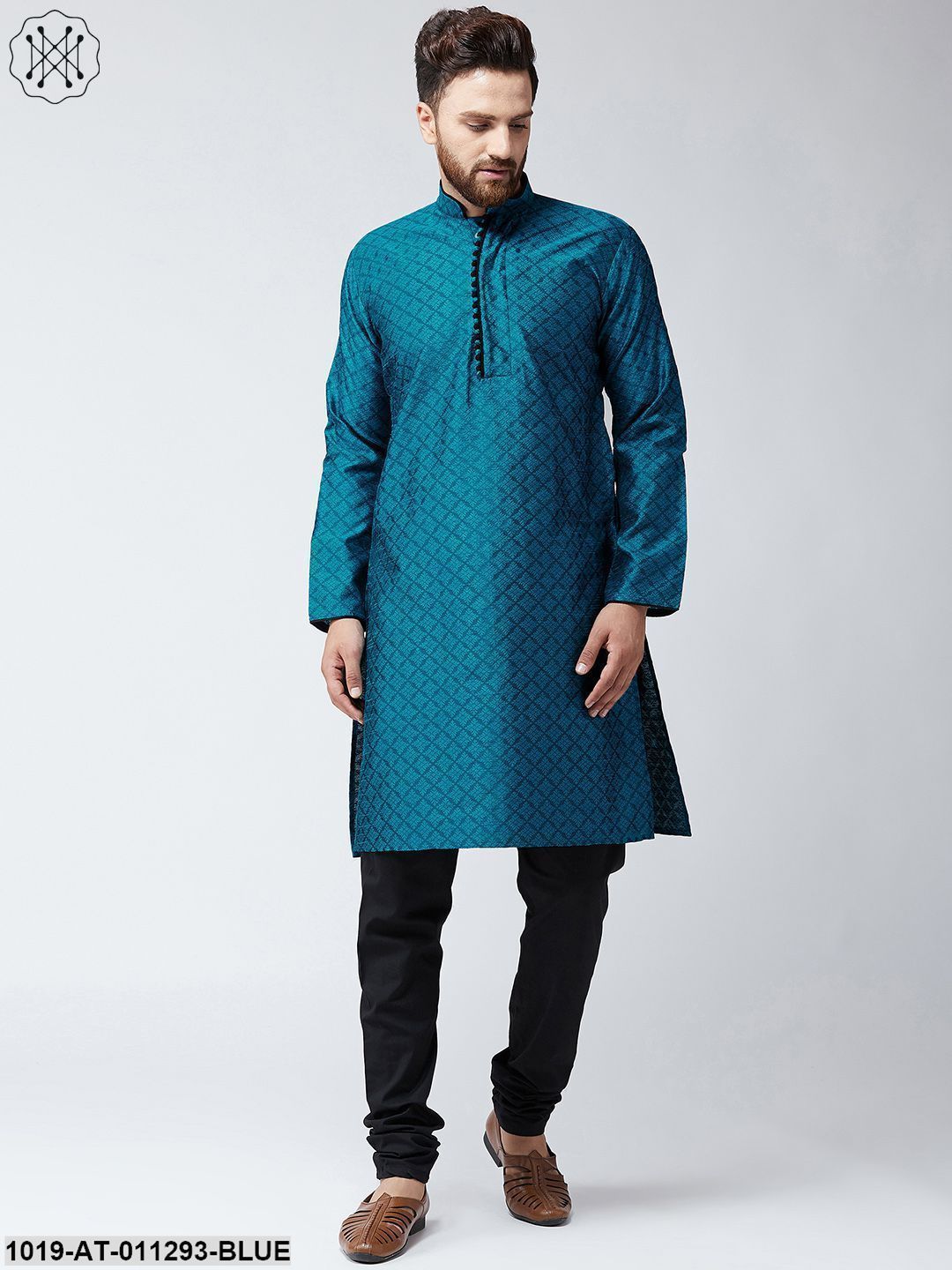 Men's Blue Jacquard Silk Only Long Kurta