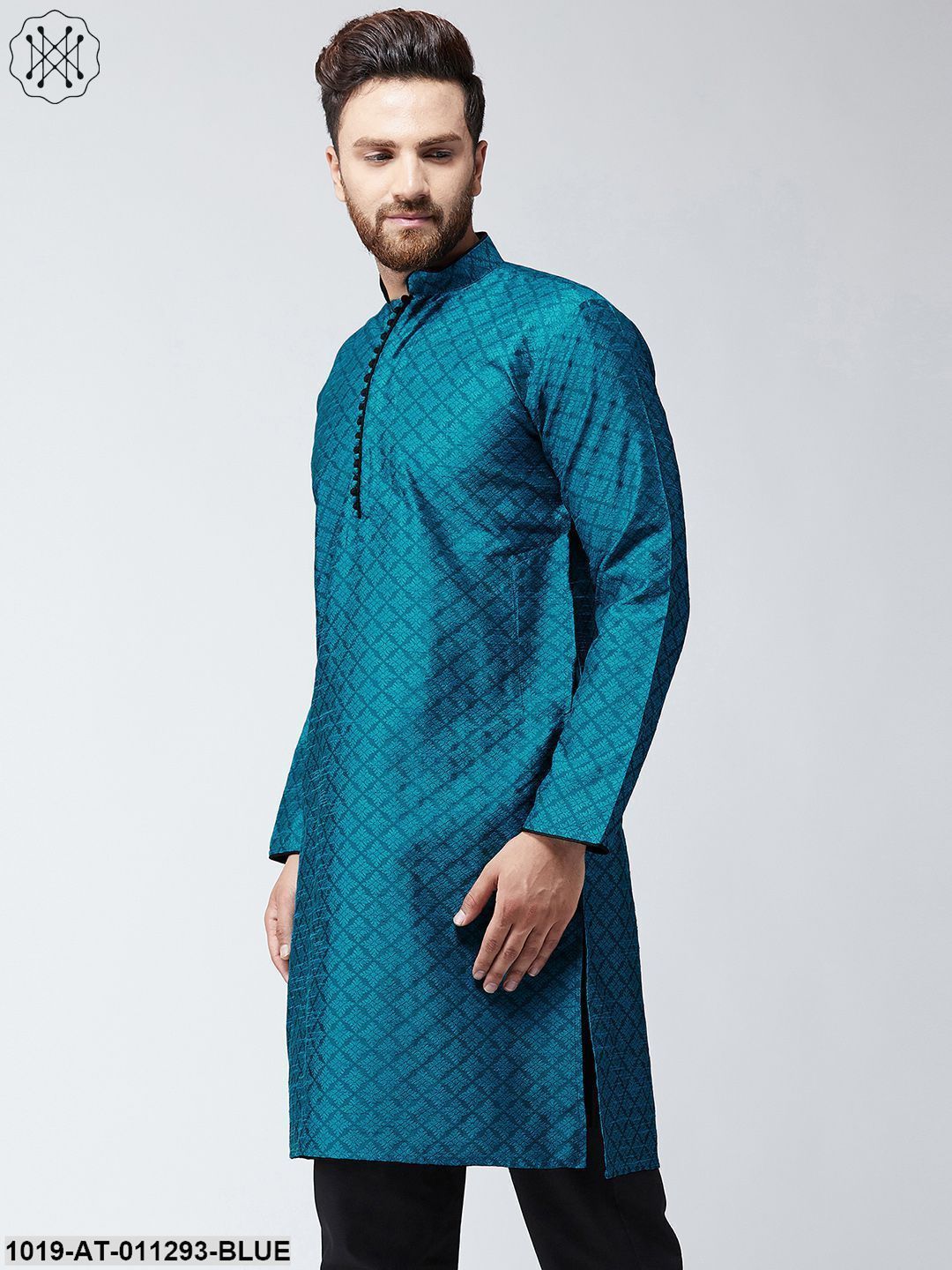 Men's Blue Jacquard Silk Only Long Kurta